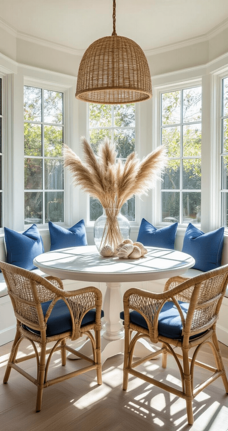 Coastal kitchen nook featuring a round whitewashed table surrounded by rattan chairs with blue cushions, bay windows overlooking a garden, and an oversized glass vase of dried pampas grass. Dramatic midday light casts shadows, with a rope-wrapped pendant light above and a shell collection displayed on floating shelves. The image is captured from a slightly elevated position, showcasing the table styling with natural rim lighting.