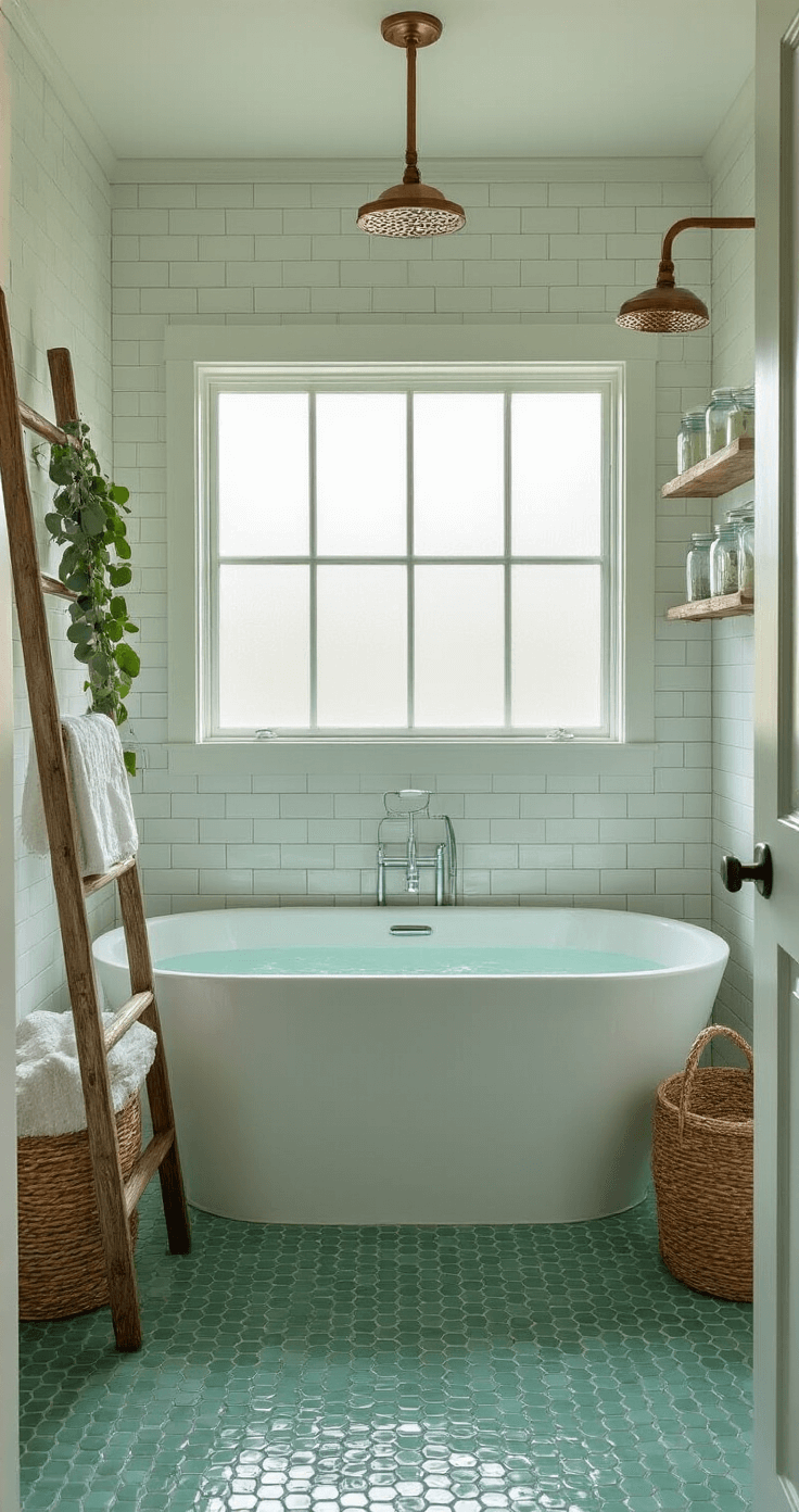 A serene bathroom retreat featuring a freestanding soaking tub, seafoam green penny tile floor, and white subway tile walls, illuminated by soft afternoon light filtering through a frosted window. The room includes a driftwood ladder towel rack, woven hamper, and glass apothecary jars, with a eucalyptus bundle hanging from a copper shower head, captured in wide-angle from the doorway.