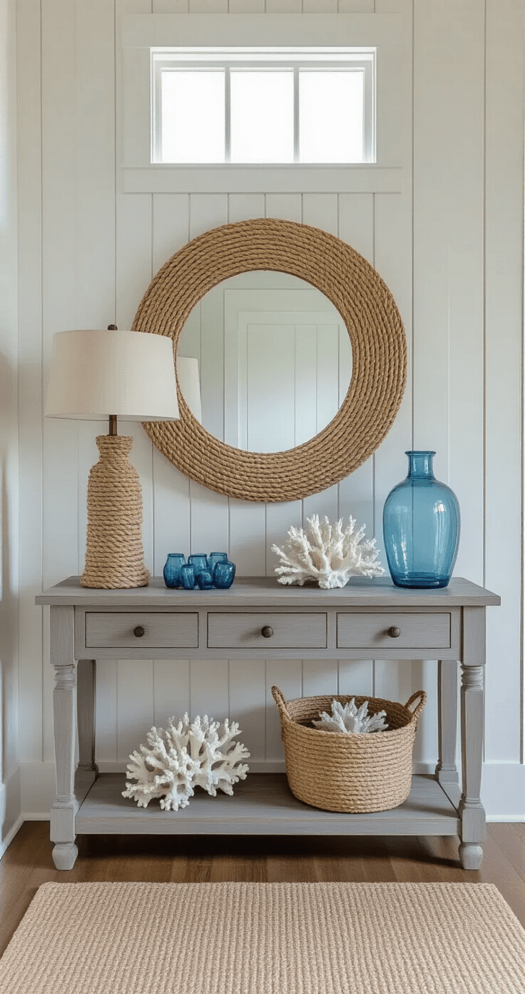 A bright and welcoming entryway featuring board and batten walls in white, adorned with a weathered gray console table displaying coral and blue glass, complemented by an oversized round sisal mirror and a rope-wrapped table lamp, captured straight-on to emphasize symmetry and natural light from a transom window above the door.