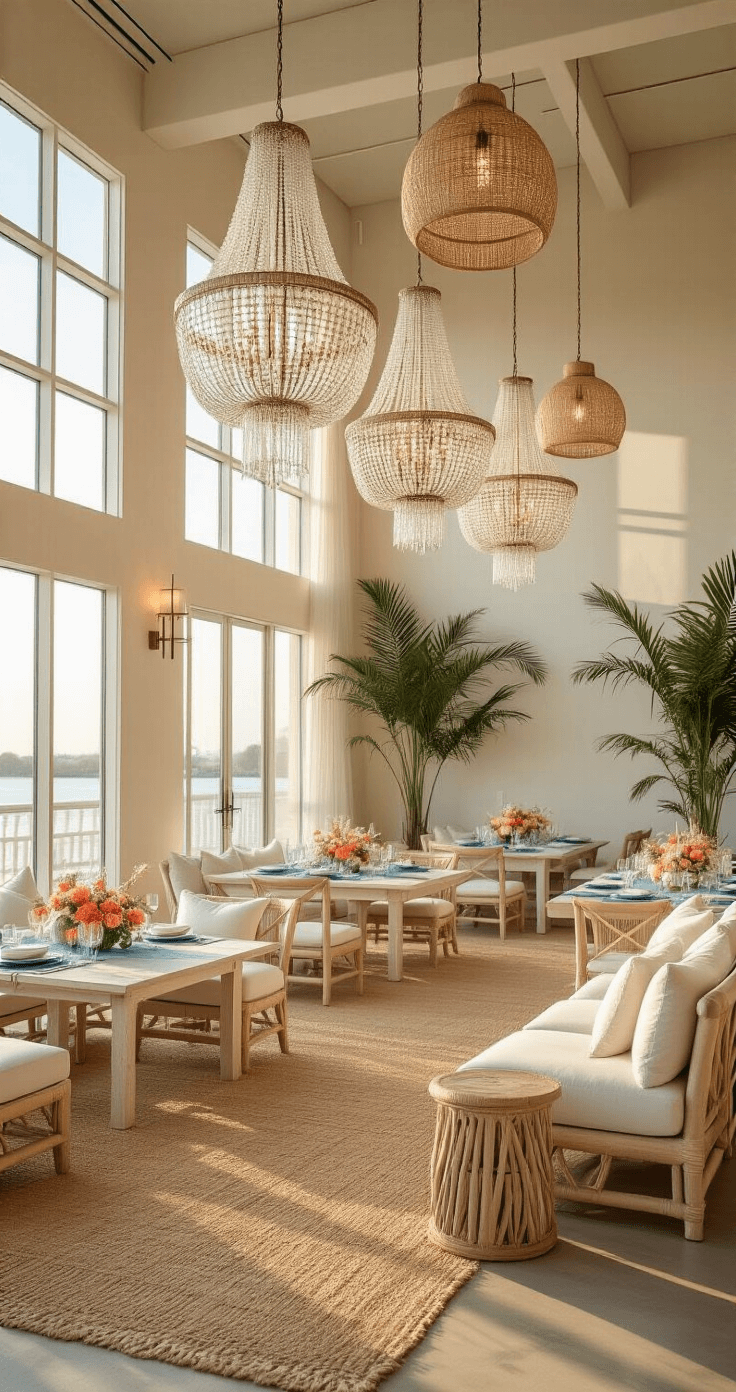 A coastal-chic corporate ballroom featuring white-washed wooden tables, textured blue linens, and coral centerpieces, illuminated by golden hour light through floor-to-ceiling windows, with crystal chandeliers and woven rattan pendants hanging above. Cream linen sofas and driftwood tables are placed on natural jute rugs, while painted palm fronds cast shadows on pearl-white walls, all captured from an elevated corner angle.