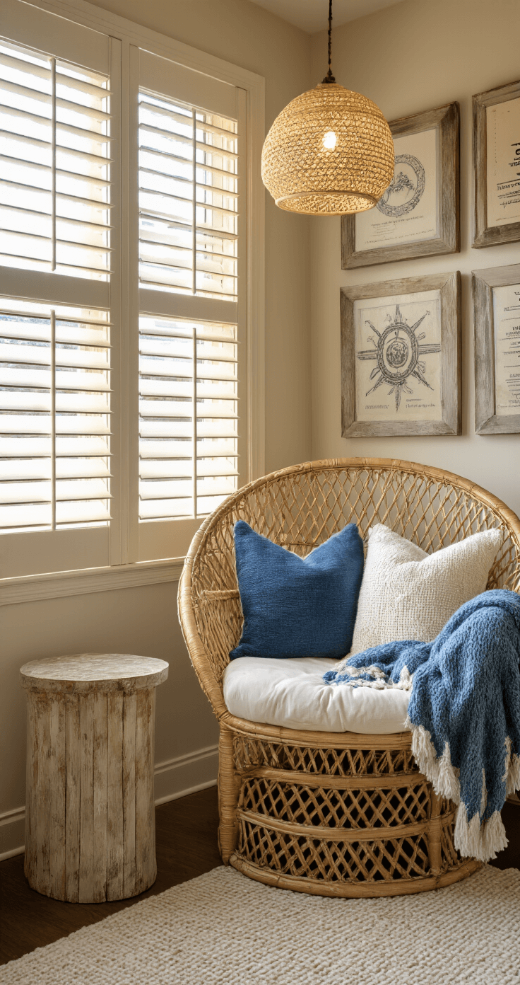 Cozy reading nook featuring an oversized rattan peacock chair with cream cushions, surrounded by knitted throws in blues, alongside a distressed wooden side table and a maritime art gallery wall, illuminated by golden hour light through plantation shutters, with a capiz shell pendant light above, captured from a diagonal angle.