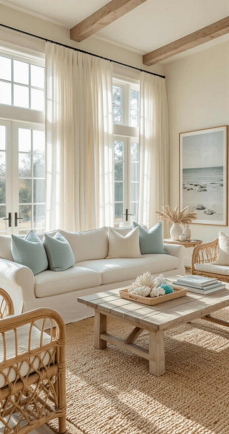 A sunlit living room with high ceilings and large windows, featuring an ivory slipcovered sofa, rattan chairs, layered rugs, and a white oak coffee table decorated with coral and sea glass, all bathed in warm golden light.