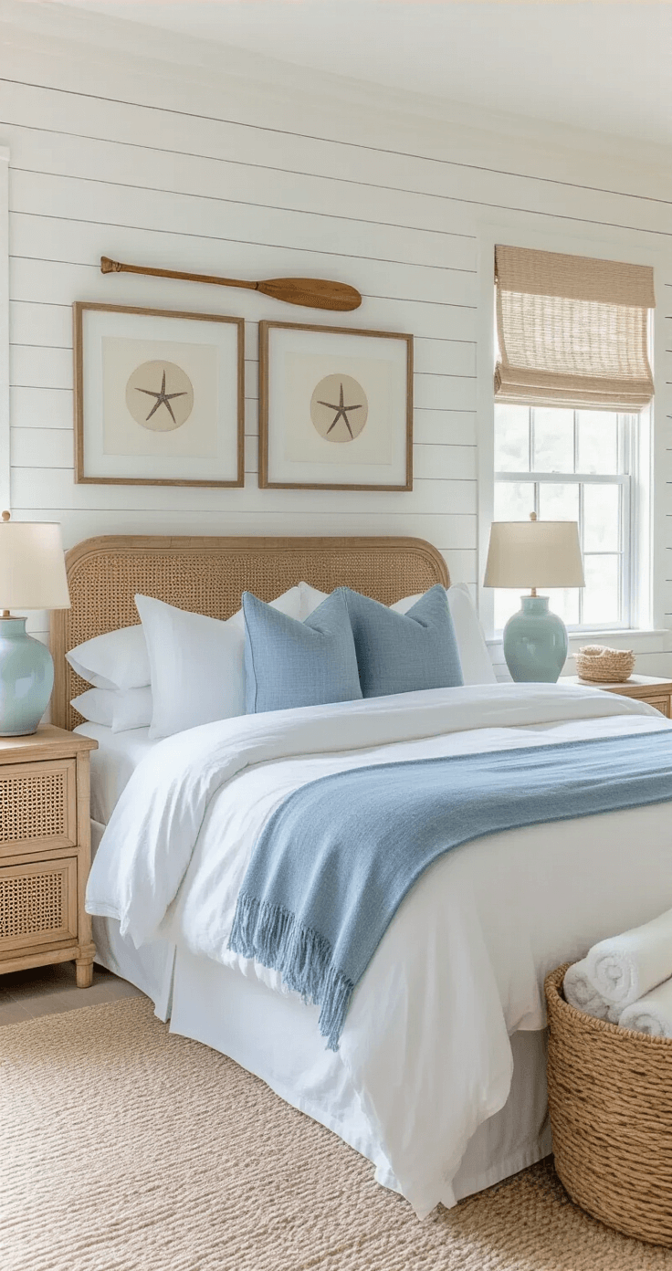 A cozy master bedroom featuring a whitewashed shiplap accent wall, a canvas-upholstered bed with white linens and chambray blue throws, cane nightstands with aqua ceramic lamps, and natural fiber roman shades filtering soft morning light, complemented by a vintage oar and framed sand dollar specimens on the wall. A seagrass basket with rolled beach towels adds a beachy touch.