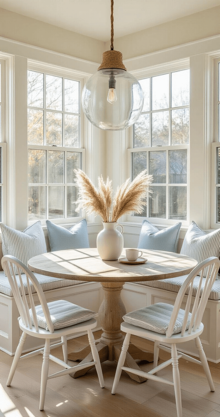 A cozy breakfast nook featuring a weathered teak round table surrounded by four white-washed Windsor chairs with pale blue cushions, illuminated by early morning light streaming through bay windows. An oversized glass pendant light with rope detail hangs overhead, while a built-in window seat adorned with coastal stripe performance fabric completes the scene. A white ceramic vase holding dried pampas grass adds a stylish touch to the table.