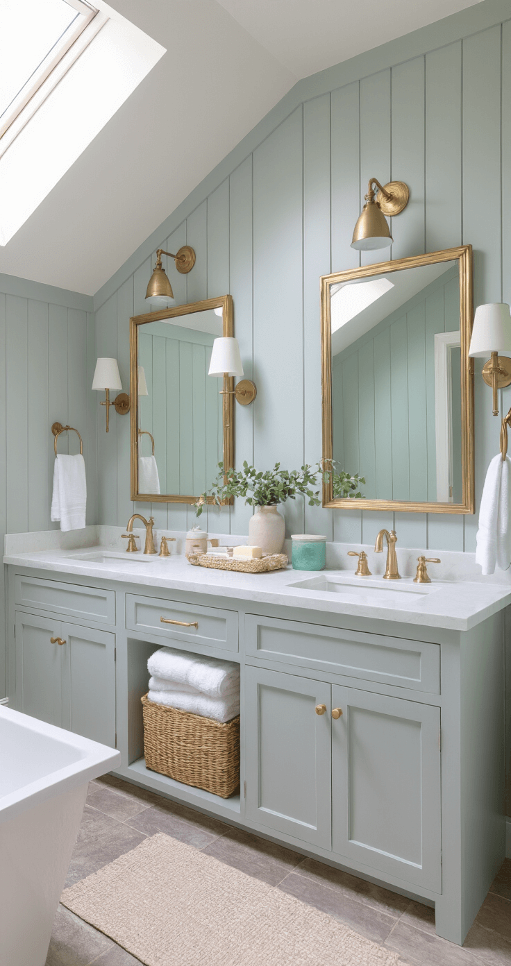 A bright airy bathroom featuring a double vanity with pale blue-gray board and batten walls, white quartz counters displaying sea glass-toned artisan soaps, and brass-framed mirrors reflecting natural light from a skylight, complemented by woven seagrass baskets and Turkish cotton towels in white and sand tones.