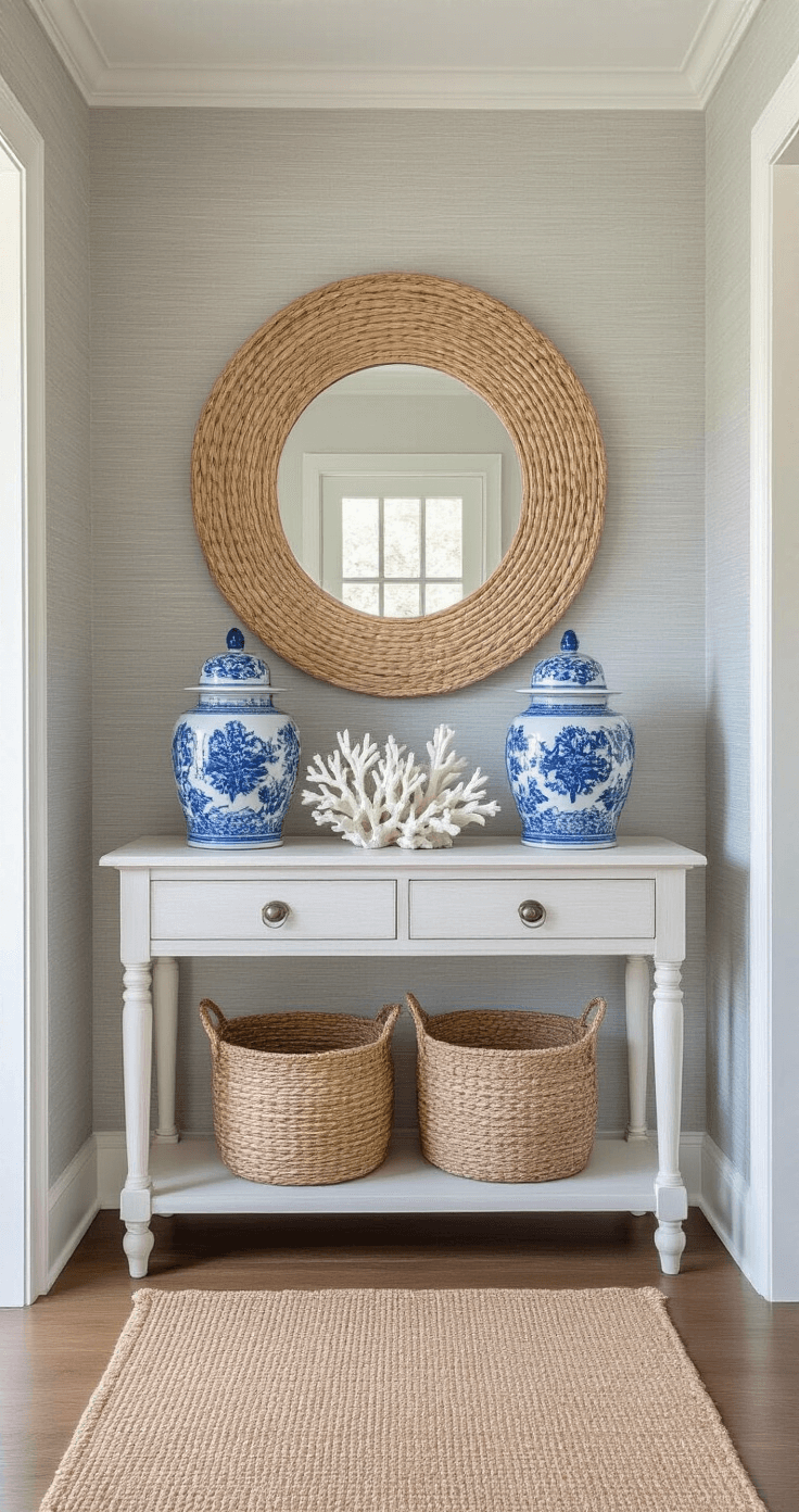 A welcoming entryway featuring a whitewashed console table against pale gray grasscloth wallpaper, an oversized round rattan mirror, blue and white ginger jars, a vintage coral piece on lucite, a handwoven basket, and a sisal runner, all beautifully illuminated by mid-day natural light.