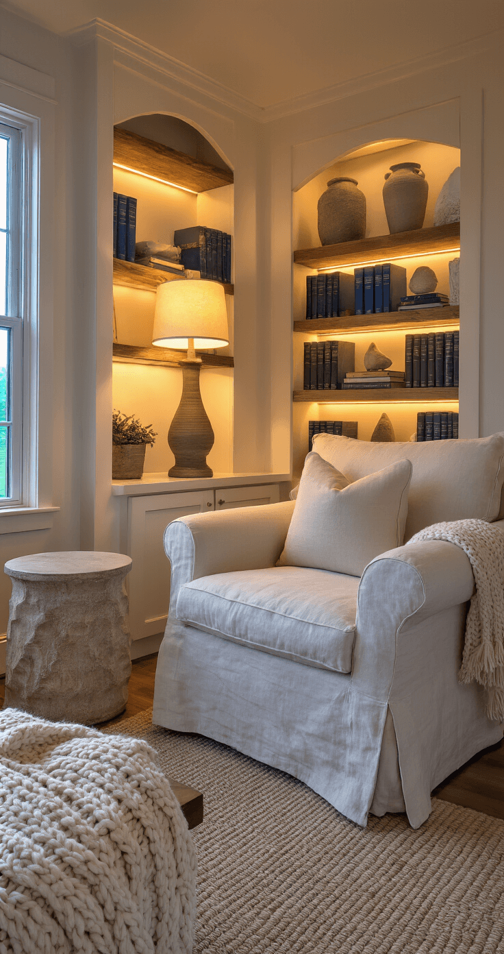 Cozy reading corner featuring a natural white oversized linen slipcovered chair, warm accent lighting, and weathered oak floating shelves displaying coastal curiosities and hardbound books in blue and neutral tones, with a textured ceramic table lamp and a cream chunky knit throw.
