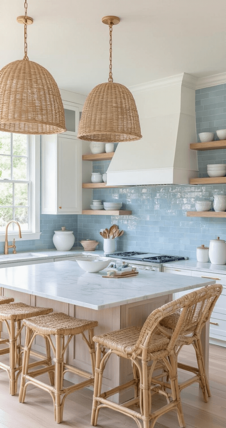 An open concept kitchen featuring white shaker cabinets with brass hardware, pale blue subway tile backsplash, sandy-toned quartzite counters with blue veining, and a marble-topped island with rattan pendant lights overhead. Open shelving displays white ironstone and beach glass, all captured from counter height to highlight depth and materials.