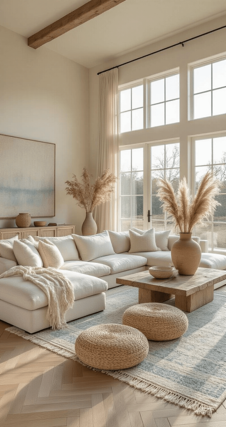 A sunlit living room with high ceilings, featuring a Belgian linen sectional, weathered oak herringbone floors, vintage Moroccan rugs, and textured decor elements in soft coastal colors.