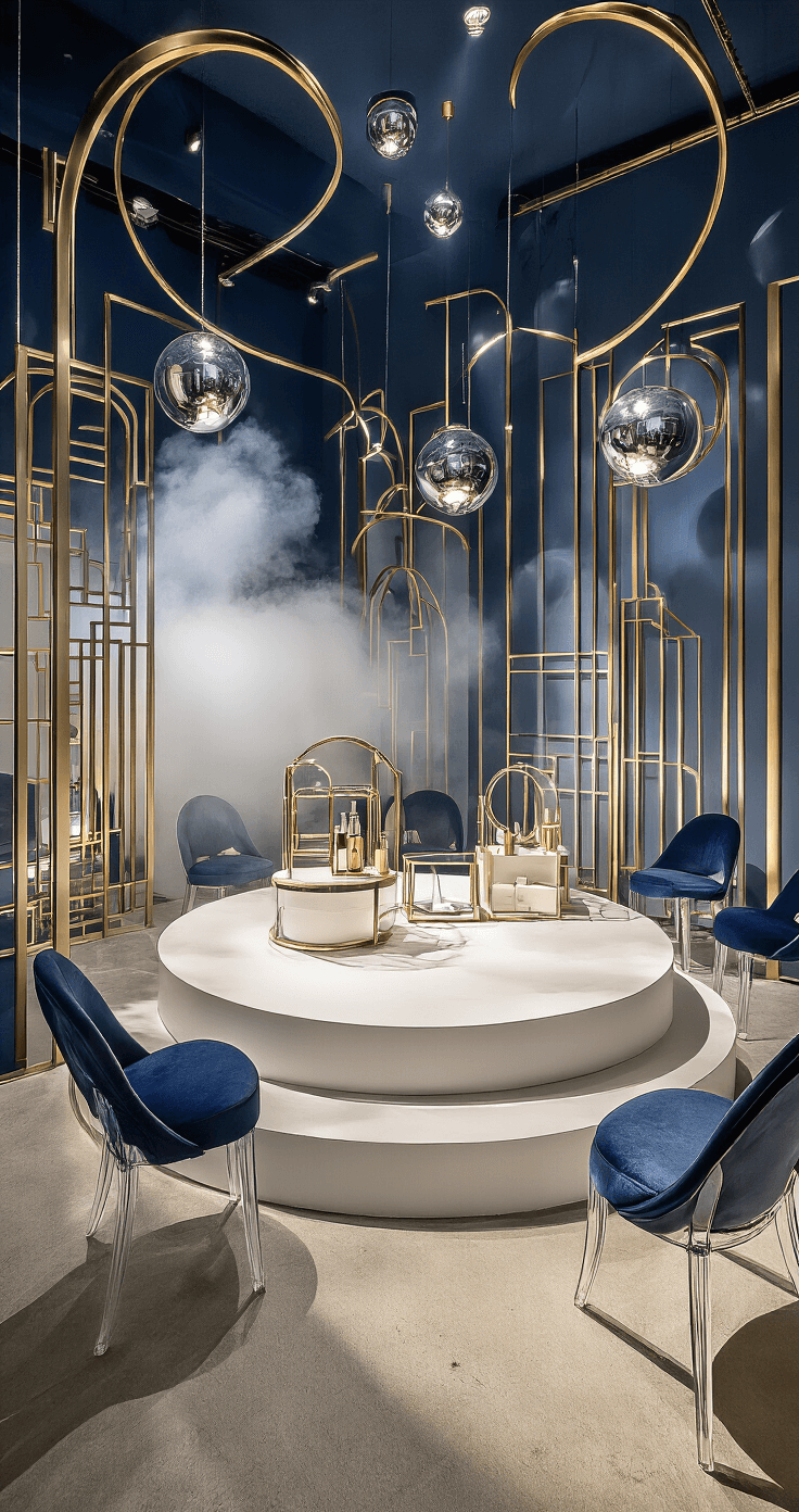An intimate product launch space featuring midnight blue walls and metallic gold geometric installations, with spotlighting creating dramatic shadows. A curved white platform displays products, surrounded by ghost chairs with velvet cushions, while floating mirror orbs and smoke create an ethereal atmosphere. Art deco-inspired backdrops add champagne and silver tones, all captured at eye level with a wide-angle lens to emphasize the luxurious, mysterious mood.
