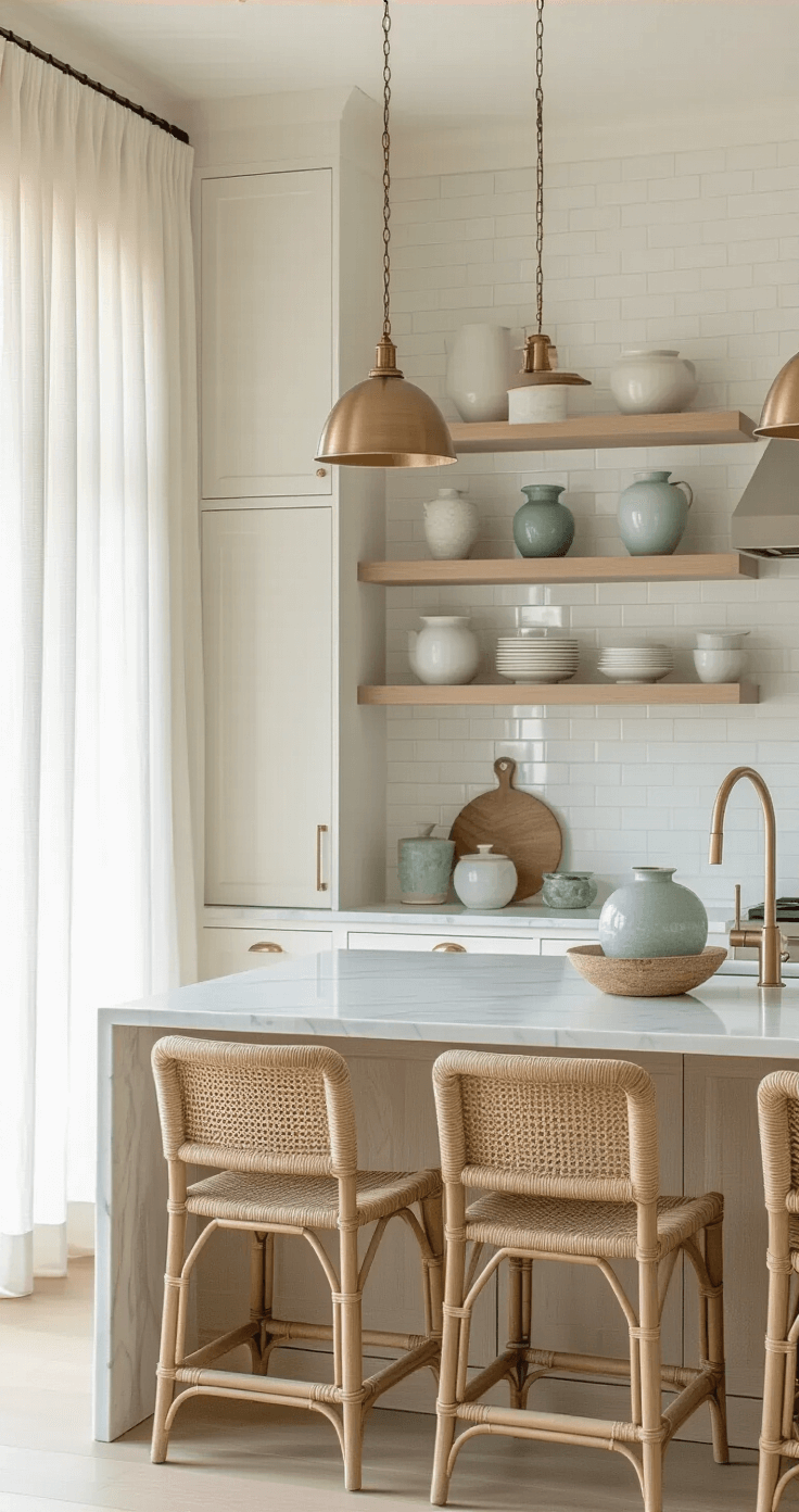 A modern coastal kitchen featuring a marble waterfall island, white oak floating shelves with pearl and seafoam ceramics, vintage brass pendant lights, and hand-glazed subway tiles, all illuminated by early morning light through sheer linen curtains. The scene includes woven seagrass barstools and a variety of hand-thrown pottery and sea glass vessels, with a color palette of warm whites, pale sage, brushed brass, and driftwood grey.