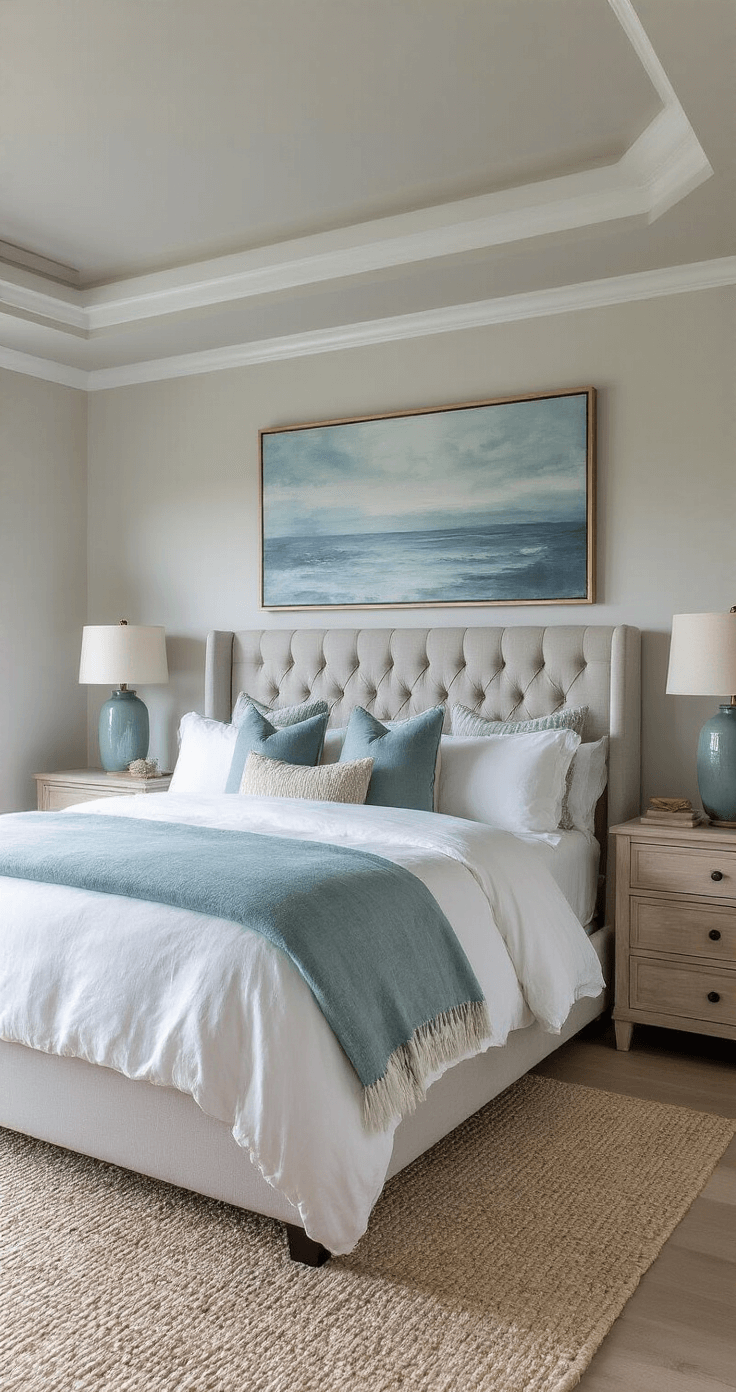 A wide-angle shot of a master bedroom retreat featuring a dramatic tray ceiling and dusk lighting. The room includes a channel-tufted headboard in pearl grey velvet, layered stonewashed linen bedding, cashmere throws, and handwoven cushions. The focal point is an oversized abstract seascape in blues and whites, with bleached oak nightstands and ceramic sea glass green lamps. A jute rug underlays a smaller vintage Persian rug, accented by colors of dove grey, ocean blues, soft white, and pale aqua.