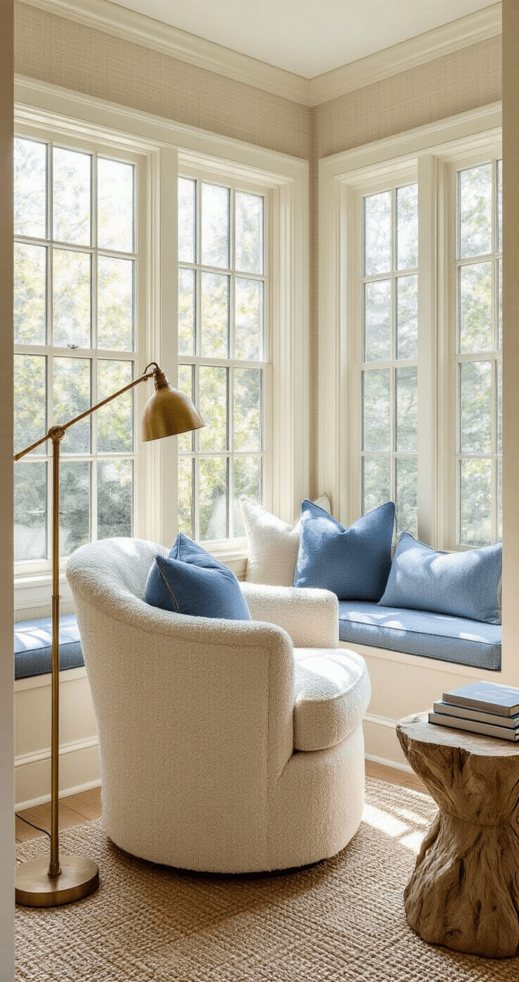 Cozy reading nook in a bay window alcove with mid-morning light casting shadows, featuring a cream boucle swivel chair, coastal blue window seat cushions, a brass floor lamp, driftwood side table, and stacked coffee table books, all set against woven grass cloth wallpaper in warm cream and sandy beige tones.