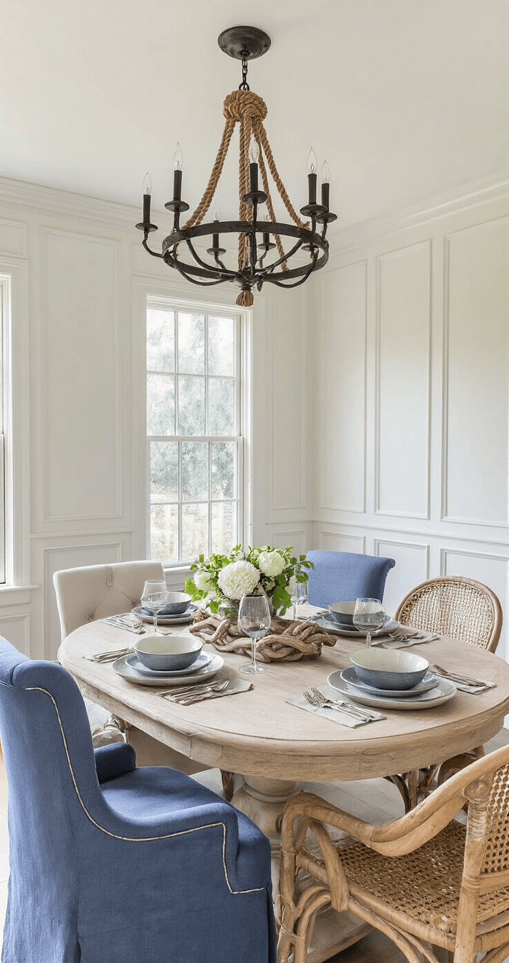 Sophisticated dining room featuring architectural wainscoting, a vintage bleached oak French table under a dramatic iron and rope chandelier, set with handmade ceramics and linen napkins. Mixed seating includes velvet host chairs and woven rattan side chairs, illuminated by late afternoon sun in shades of chalk white, denim blue, natural oak, and silver sage.