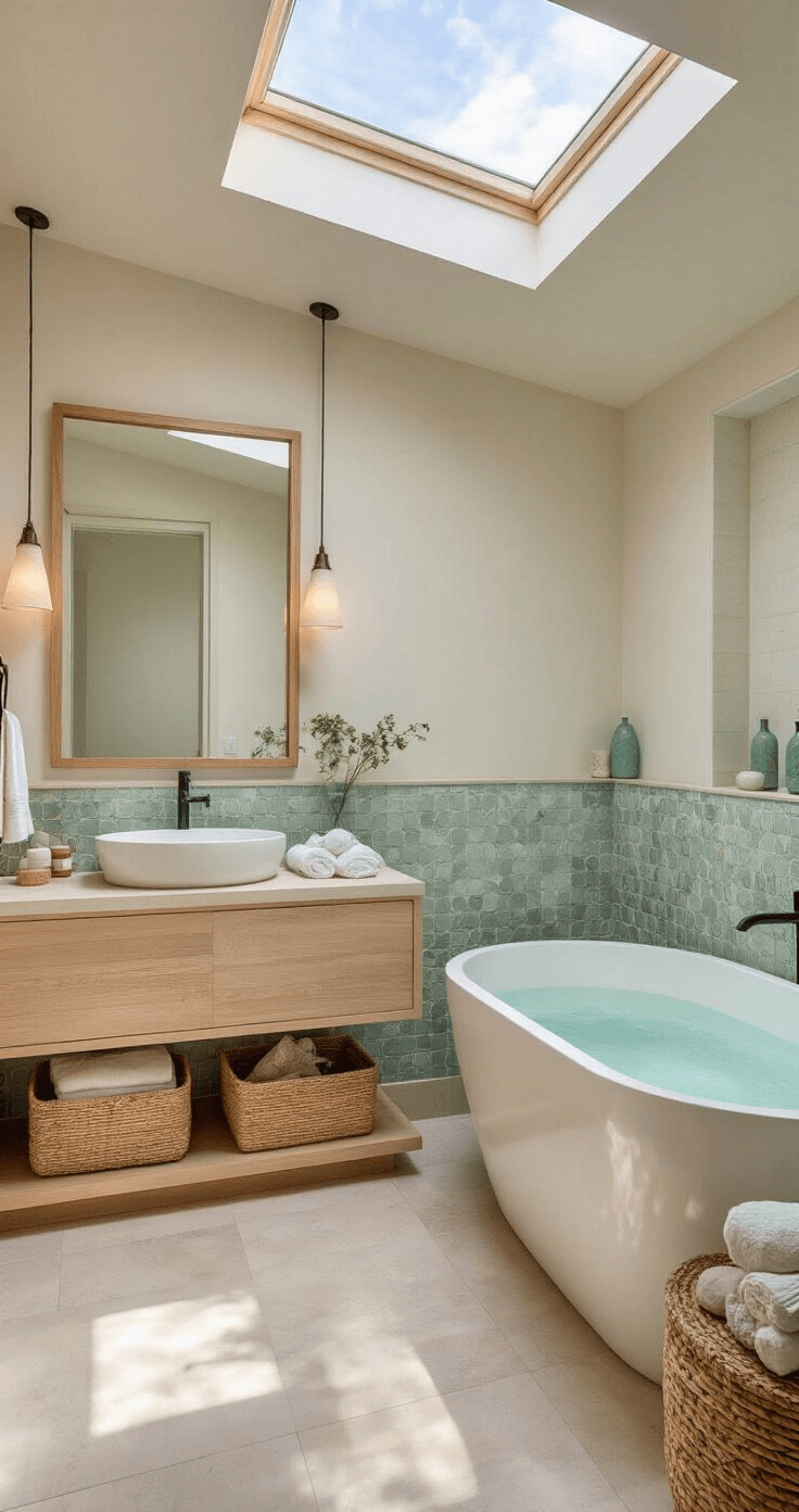 A serene spa-like primary bathroom featuring a floating double vanity in bleached teak, an oversized mirror reflecting handmade pearl-toned zellige tiles, and a freestanding soaking tub with organic curves. Morning light filters through a skylight, illuminating woven storage baskets, Turkish cotton towels, and clustered sea glass vessels in warm whites, pale grey, sea glass green, and sand tones.