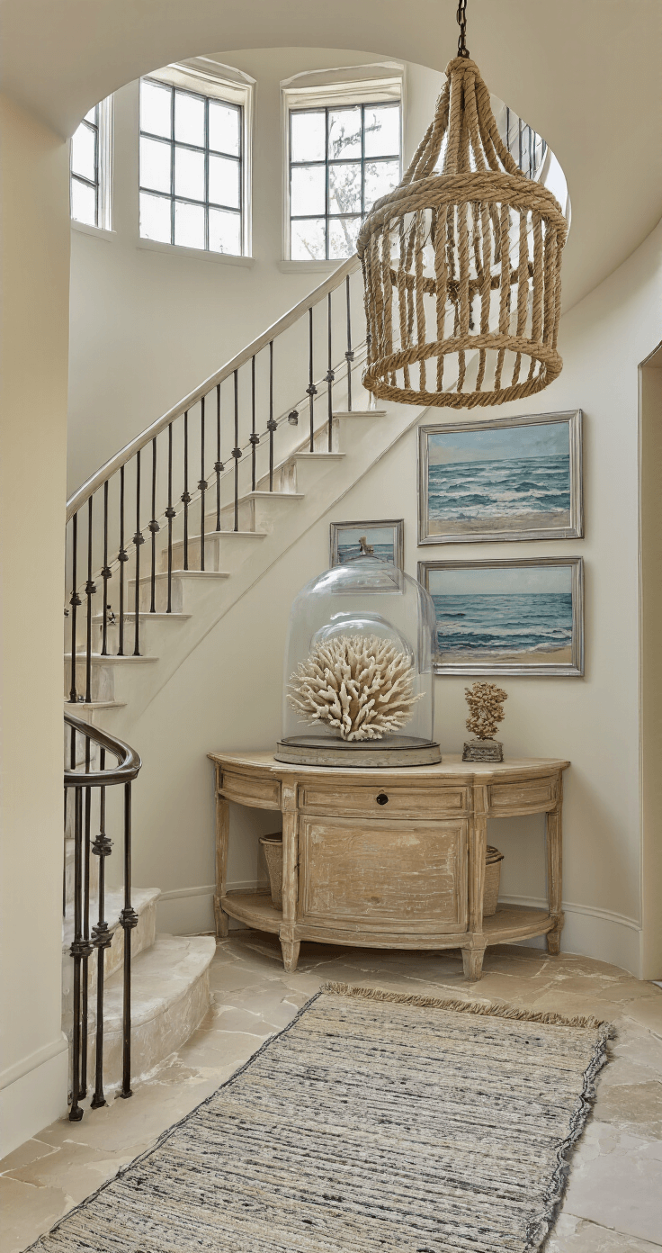 A welcoming entryway with a curved staircase, flooded with natural light from transom windows, features limestone flooring, a vintage cerused oak console displaying a coral specimen under glass, a rope-wrapped chandelier, and a gallery wall of vintage seascapes in silver frames, with layered vintage runners leading to the stairs.