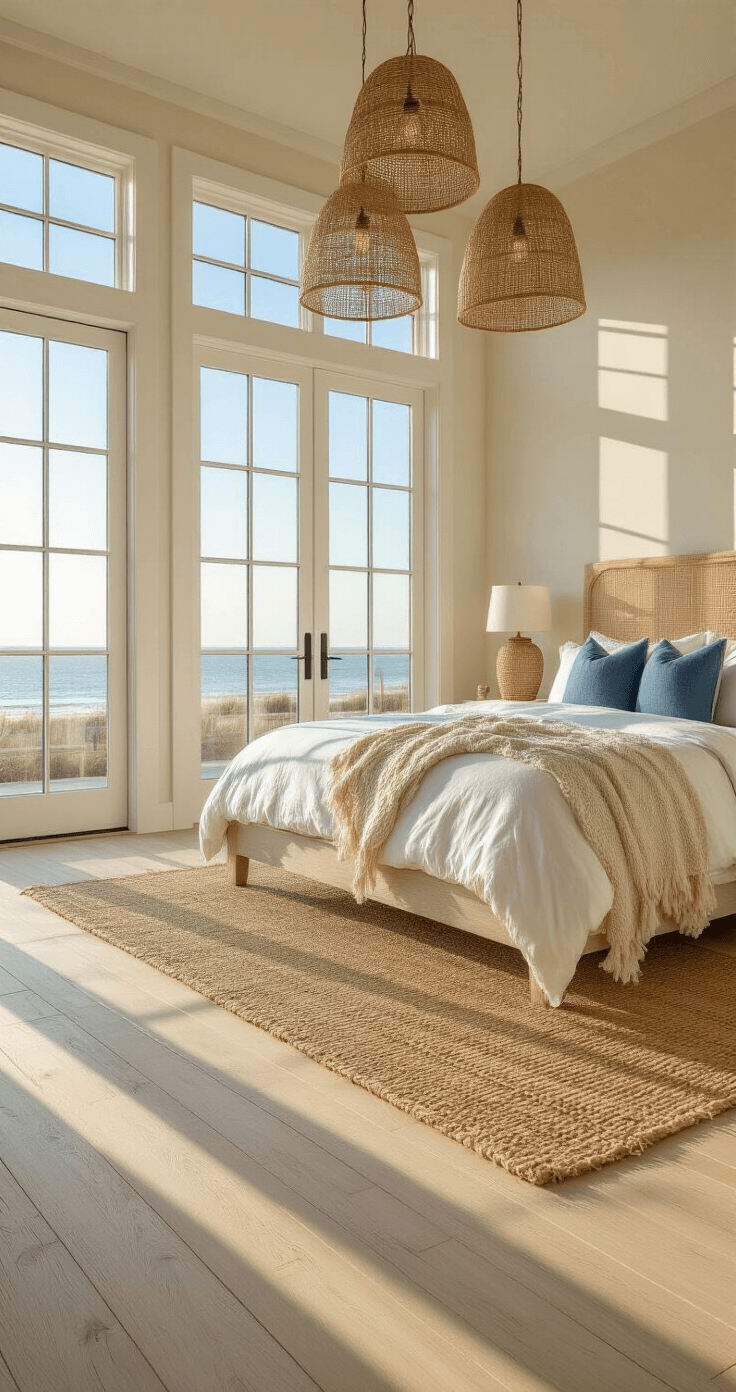 A spacious coastal bedroom featuring a king-sized bed with layered bedding, bathed in golden hour sunlight, showcasing whitewashed oak floors, rattan pendant lights, and jute textures.