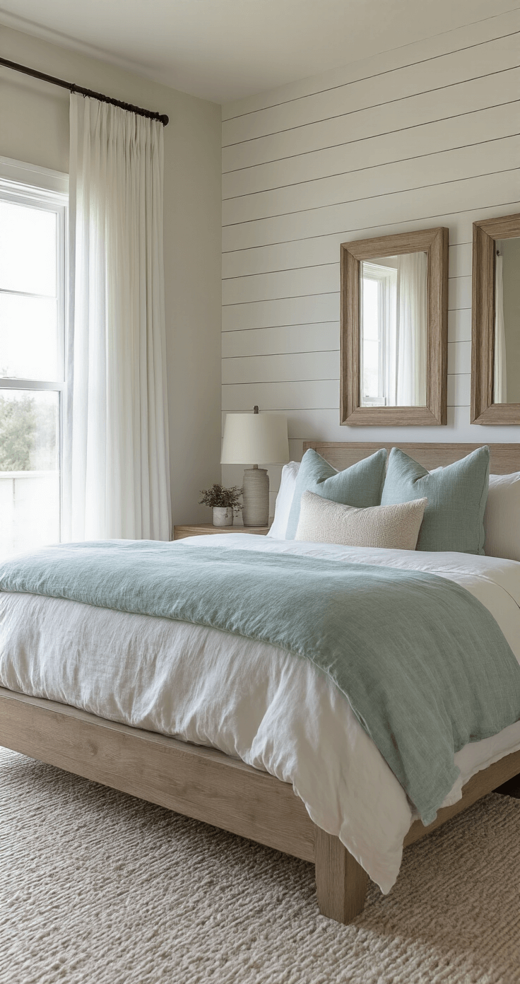 A cozy master bedroom at dawn with a weathered white shiplap accent wall, modern platform bed, and gauzy white curtains. Driftwood-framed mirrors reflect morning light across pale grey grasscloth wallpaper. The scene features layered bedding in seafoam, ivory, and sand tones, captured with shallow depth of field.