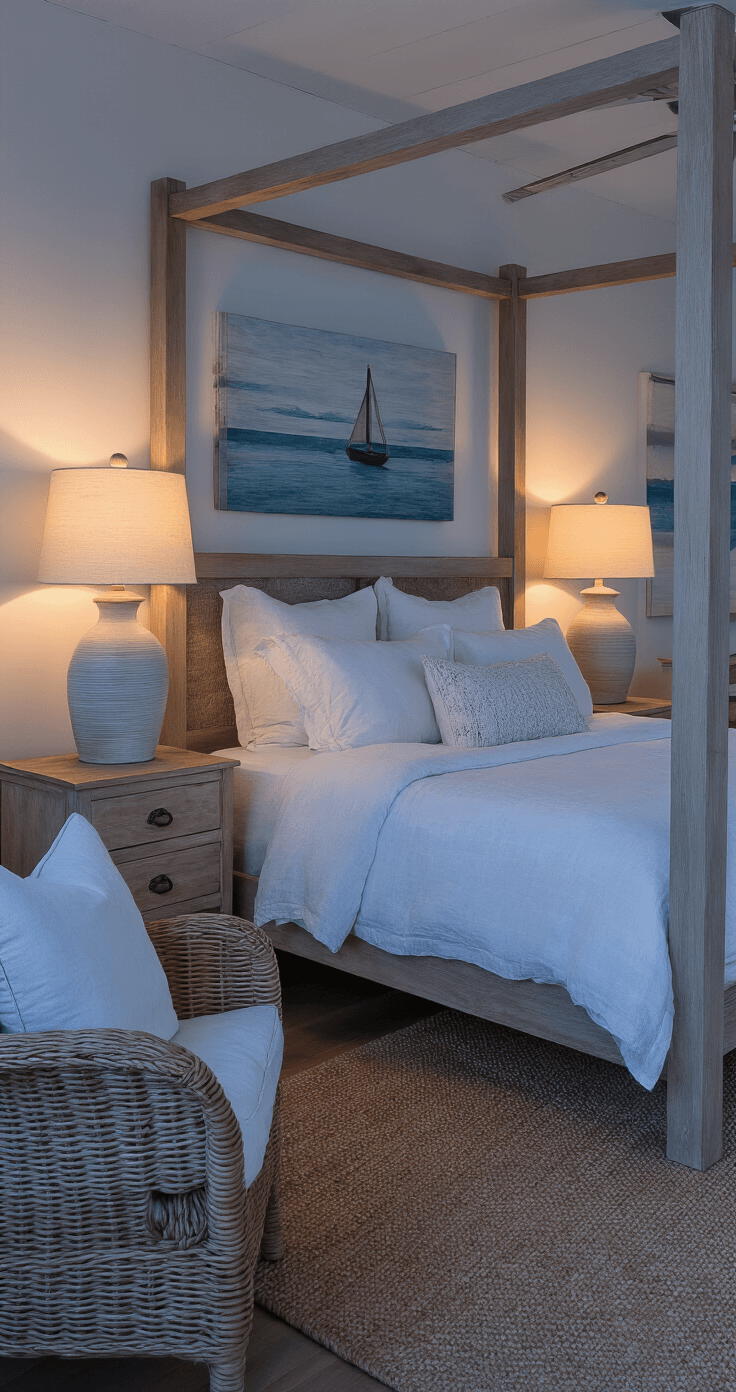 Corner view of a coastal bedroom at dusk, featuring warm lighting from oversized ceramic table lamps, a contemporary four-poster bed with rumpled white linen bedding, woven water hyacinth chairs, and maritime artwork, all creating a moody yet clear atmosphere.