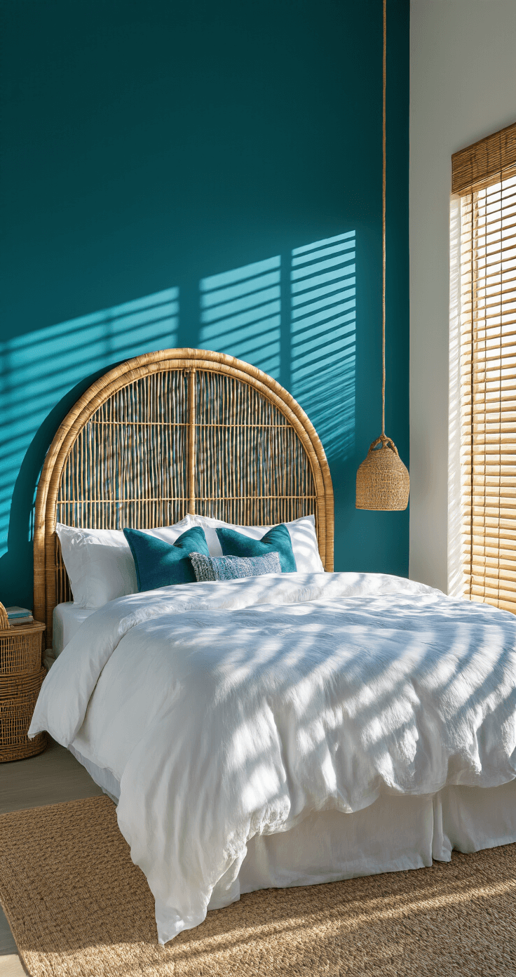 Bright and airy bedroom with a teal accent wall and rattan headboard, featuring cloud-white bedding, vintage indigo textiles, and handwoven baskets, illuminated by mid-morning light streaming through bamboo blinds.