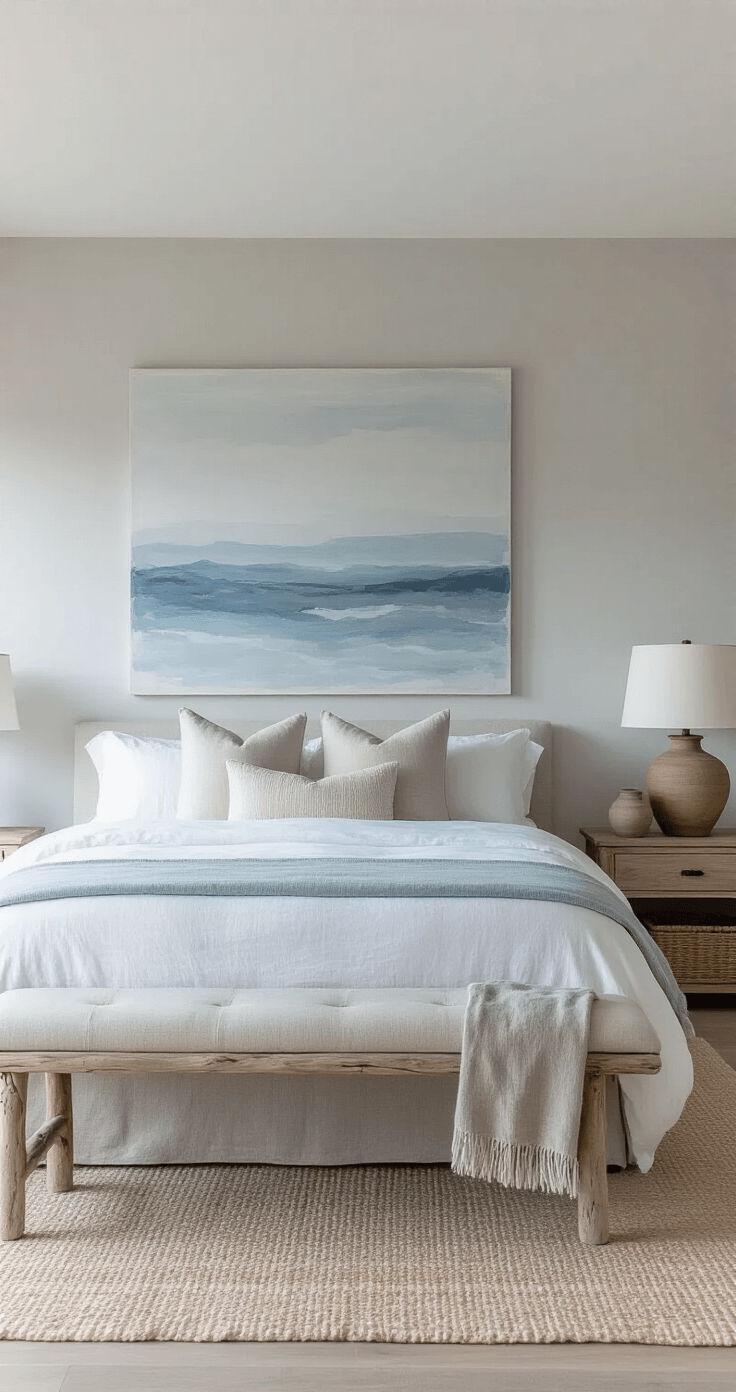 Minimalist coastal retreat with pale grey walls, low-profile bed in stonewashed linen, and oversized abstract seascape, featuring handmade ceramic vessels and weathered wood accents, captured during blue hour with cool tones and serene lighting.