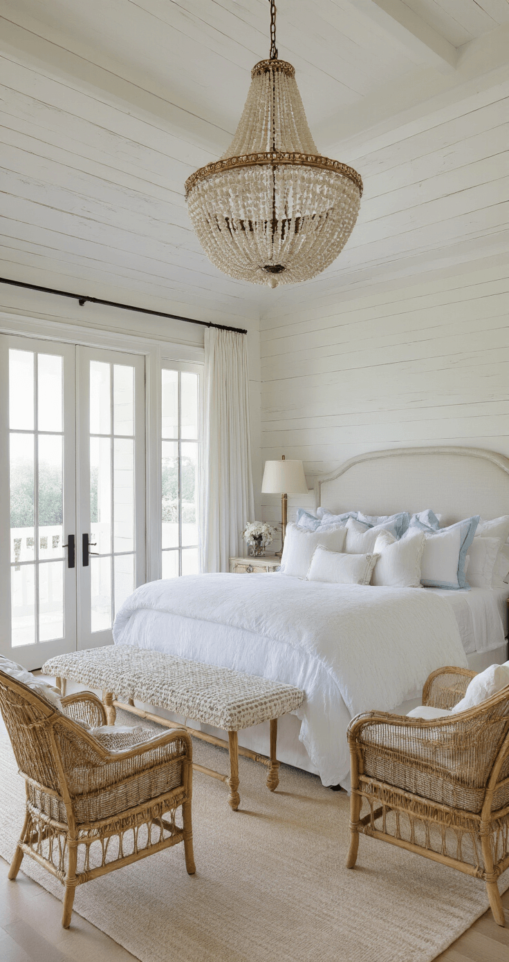 Luxurious master suite with high-gloss white shiplap ceiling, California king bed dressed in white and blue linens, flanked by rattan chairs and brass side tables, highlighted by a shell chandelier, all captured from an elevated angle.