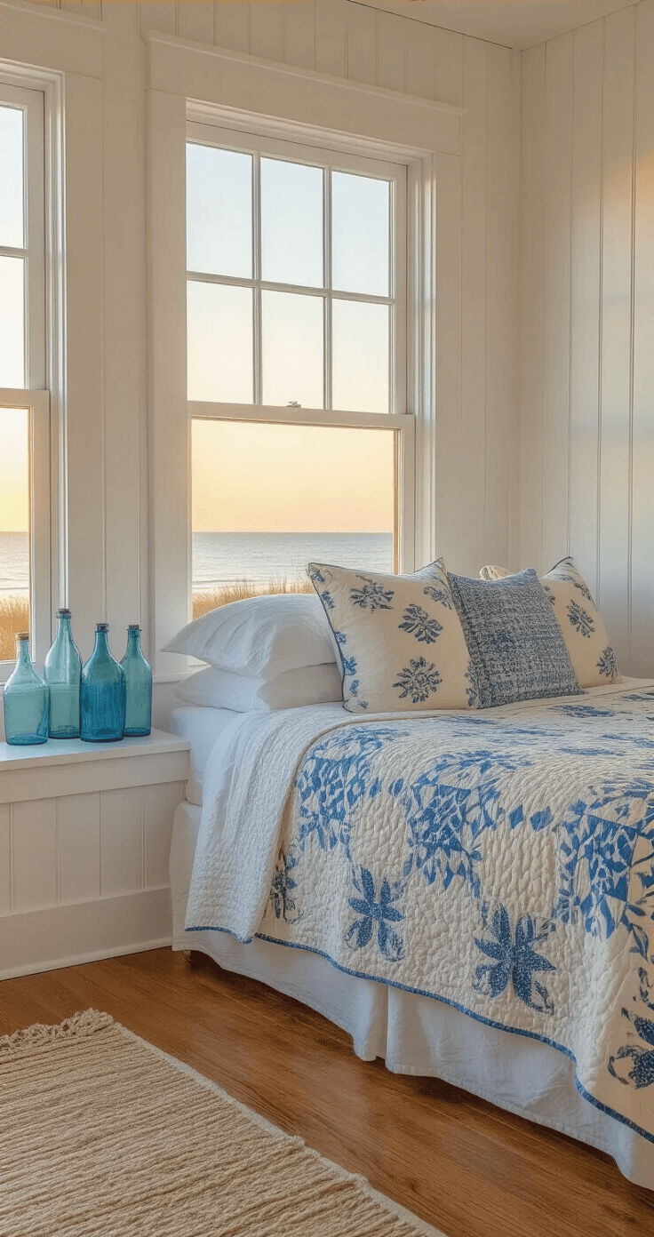 Cozy beach cottage bedroom with honey-toned hardwood floors and white beadboard walls at sunset, featuring a queen bed with a vintage coastal quilt and hand-blocked pillows, antique blue glass bottles on a whitewashed windowsill, captured with warm light for an intimate atmosphere.