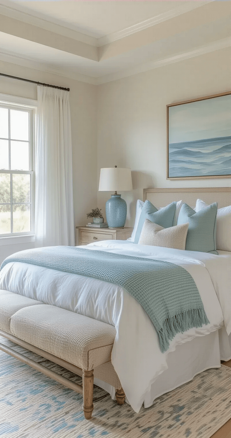 Master bedroom bathed in warm golden hour light, featuring a king bed with white linen and textured throws, weathered oak nightstands, and pale blue lamps, with sheer curtains and an abstract seascape artwork.