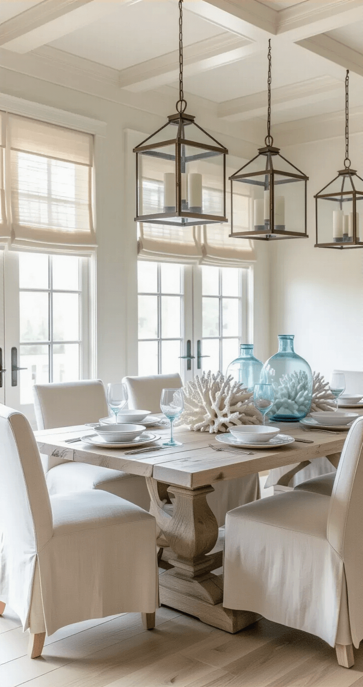 Coastal dining space featuring a whitewashed trestle table for eight, surrounded by upholstered chairs in wet sand color, with coffered ceiling detail and natural light filtering through linen Roman shades, accented by oversized glass hurricane lanterns and an organic centerpiece of white coral and blue glass vessels.