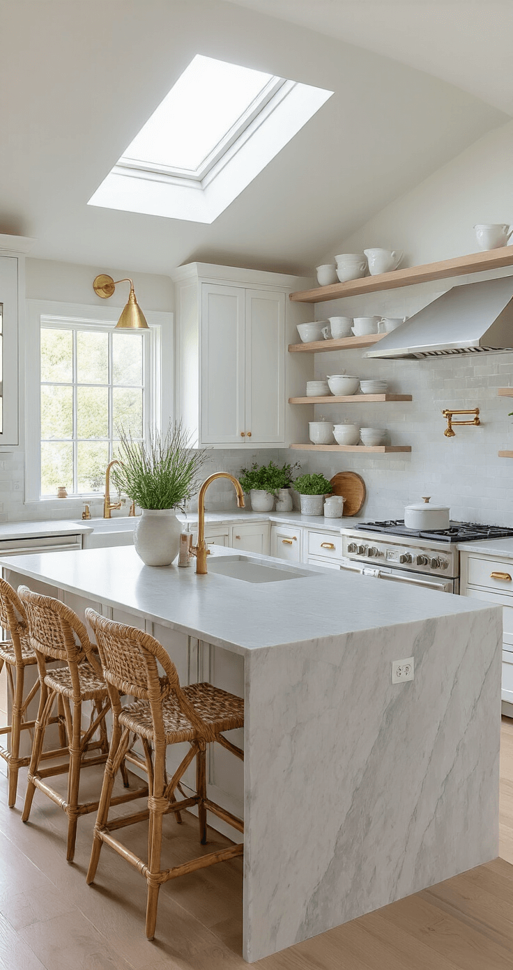 Spacious airy kitchen featuring white shaker cabinets, pale grey quartzite counters, and a marble waterfall island with woven bar stools, illuminated by natural light from a skylight and soft under-cabinet lighting, accented with brass fixtures and decorative open shelving displaying white ironstone and sea-tinted glass.