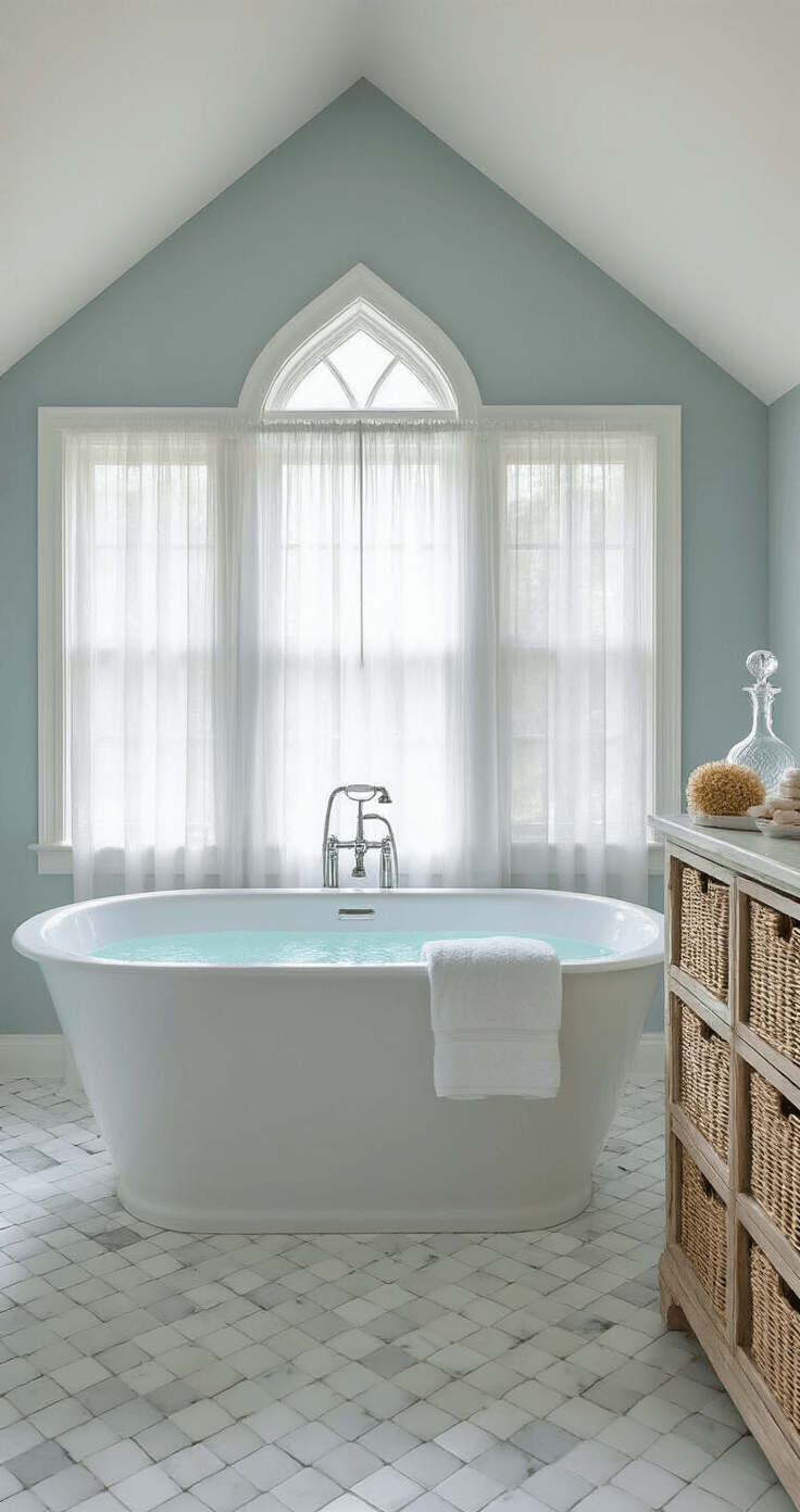 A serene bathroom retreat featuring a freestanding soaking tub under a window with privacy sheers, soft grey-blue walls, basket-weave marble floor tiles, and a vintage apothecary cabinet displaying towels and sea sponges, all illuminated by morning light.
