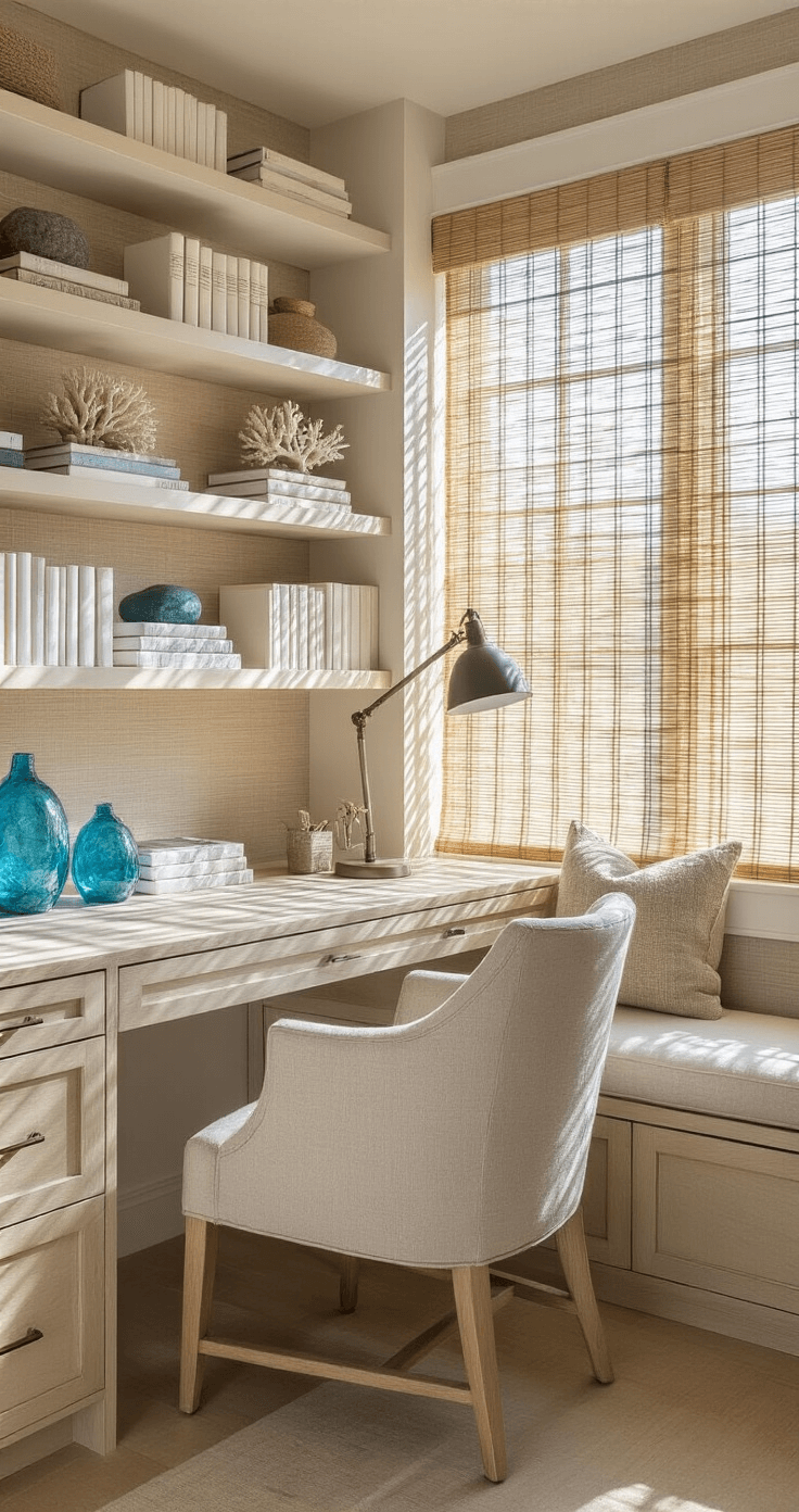 A cozy home office nook featuring a 10x10ft space with built-in shelving, afternoon light filtering through bamboo blinds, a bleached oak floating desk paired with a natural linen upholstered chair, shelves adorned with white-spined books, coral specimens, and blue glass objects, and textured grasscloth wallpaper, all captured at seated eye-level to highlight the workspace ambiance.