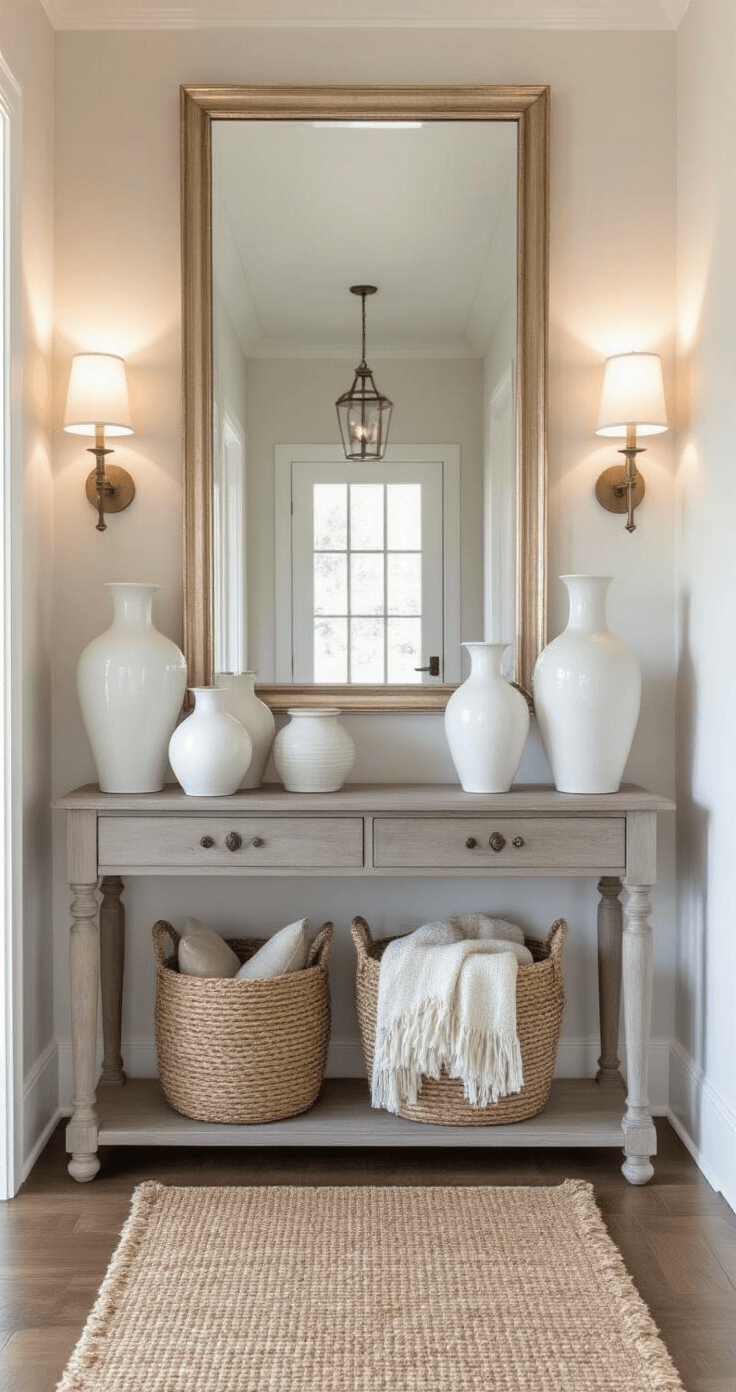 A well-styled entryway in a wide hallway features a distressed driftwood grey console table topped with an oversized champagne-finished mirror. A collection of white ceramic vases in various heights adds visual interest, while a woven basket below holds textured throws. A sisal runner guides the eye through the space, enhanced by wall sconces providing a warm glow and a mix of natural and artificial lighting.