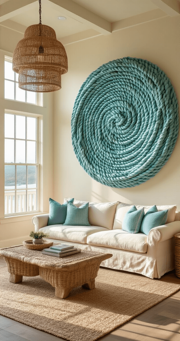A sunlit coastal living room featuring a cream linen sofa and a large recycled lobster rope wave sculpture in aqua and weathered blue tones, illuminated by golden afternoon light and a rattan pendant light casting intricate shadows.
