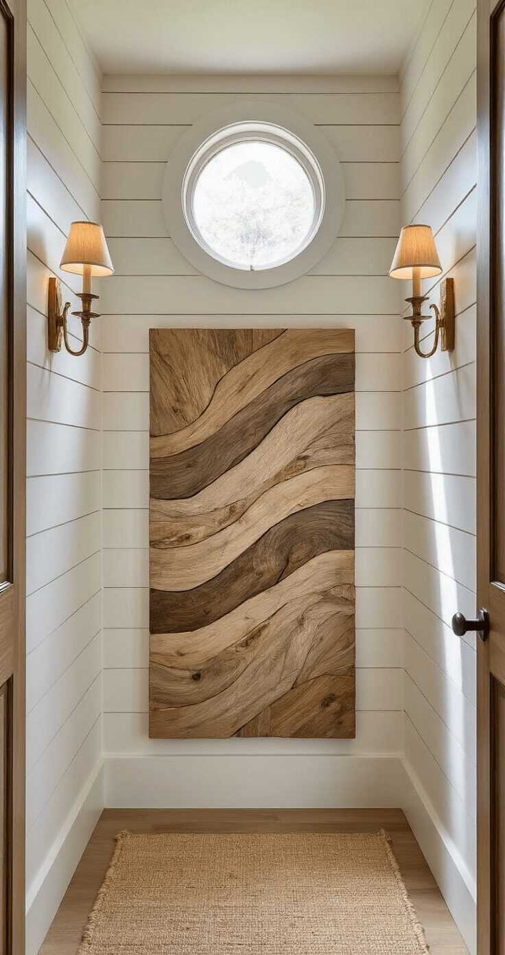 A cozy entryway with warm white shiplap walls, featuring a hand-carved driftwood mosaic of abstract waves illuminated by morning light through a porthole window. Vintage brass sconces adorn the sides, while a low angle shot highlights the architectural details and natural textures of the space.