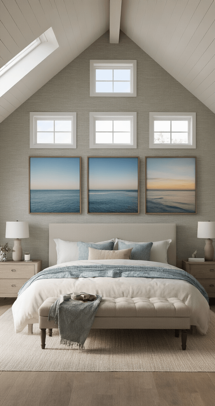 A modern primary bedroom with a vaulted ceiling and clerestory windows, featuring dawn light illuminating large-format coastal photography prints in muted blues and grays. The room is adorned with textured grasscloth wallpaper, creating a serene atmosphere captured from bed level.