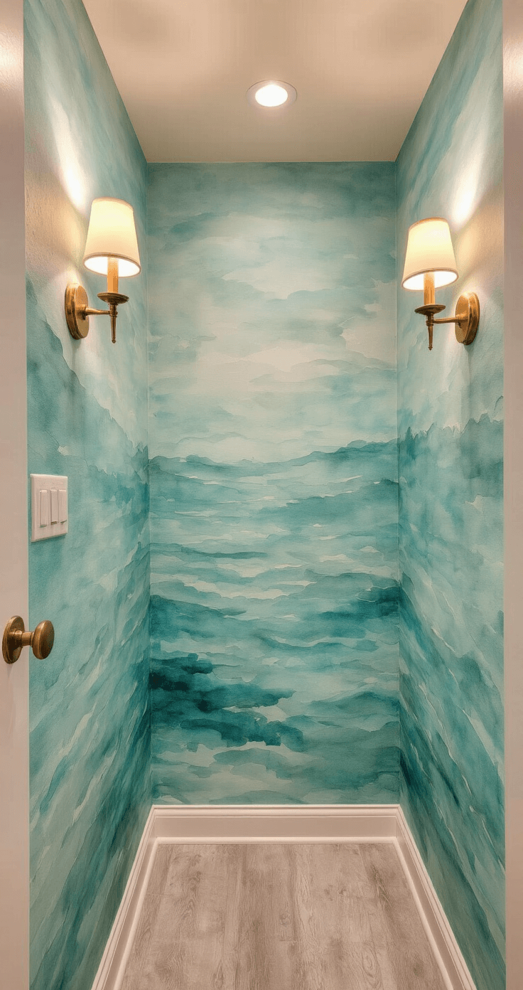 A compact 8x10ft powder room with floor-to-ceiling watercolor seascape murals in soft aquas and seafoam greens, featuring brass sconces that cast warm lighting on textured walls; captured from a high angle to showcase the room's artistic details and moody atmosphere.