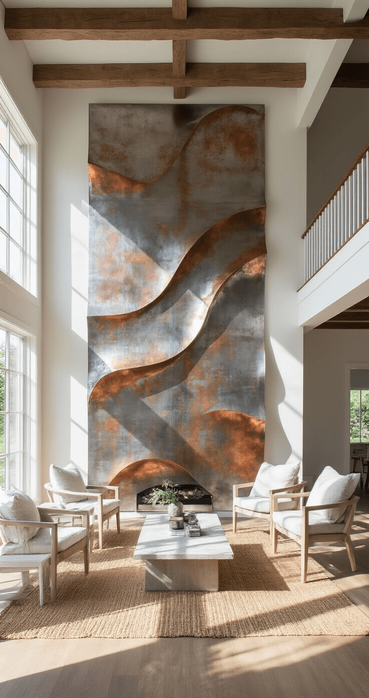 Open concept great room featuring exposed wooden beams, a metal wave wall installation in hammered silver and copper, natural jute rug, and whitewashed wood furniture, illuminated by late morning light with dramatic shadows.