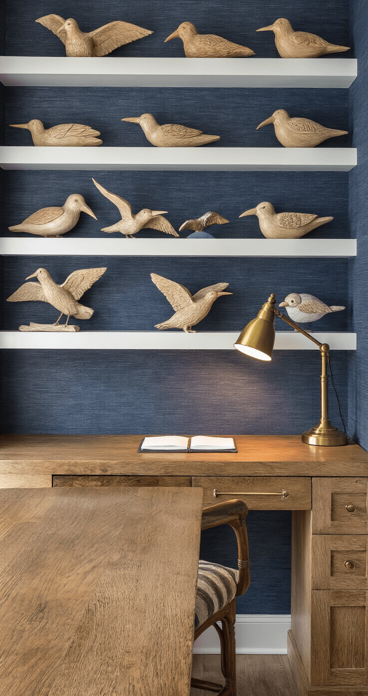 Cozy home office featuring built-in shelving, afternoon light illuminating carved wooden shorebirds on navy grasscloth wallpaper, and a brass task lamp providing warm lighting.