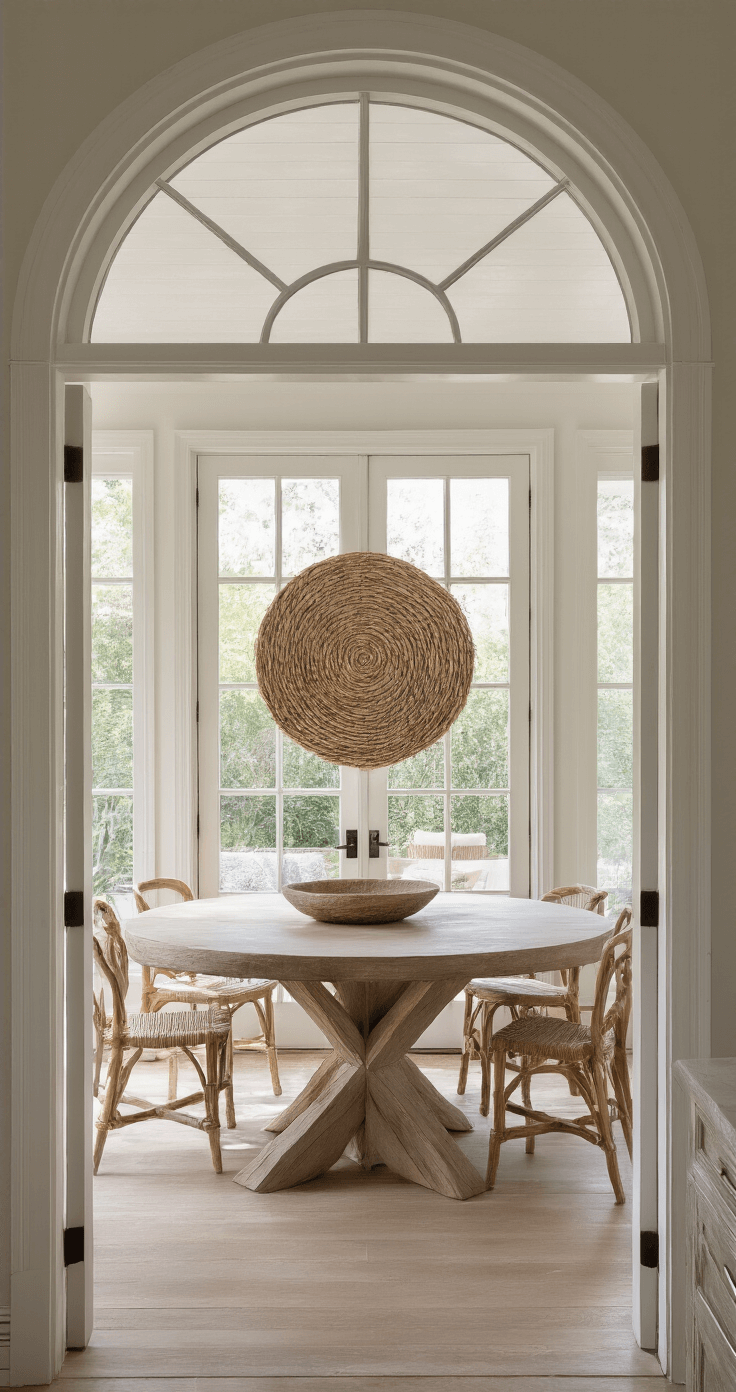 Bright dining space featuring French doors to a terrace, showcasing a circular woven fiber art piece made from driftwood and sea grass. A whitewashed oak table sits underneath, with soft natural light highlighting the organic textures and materials.