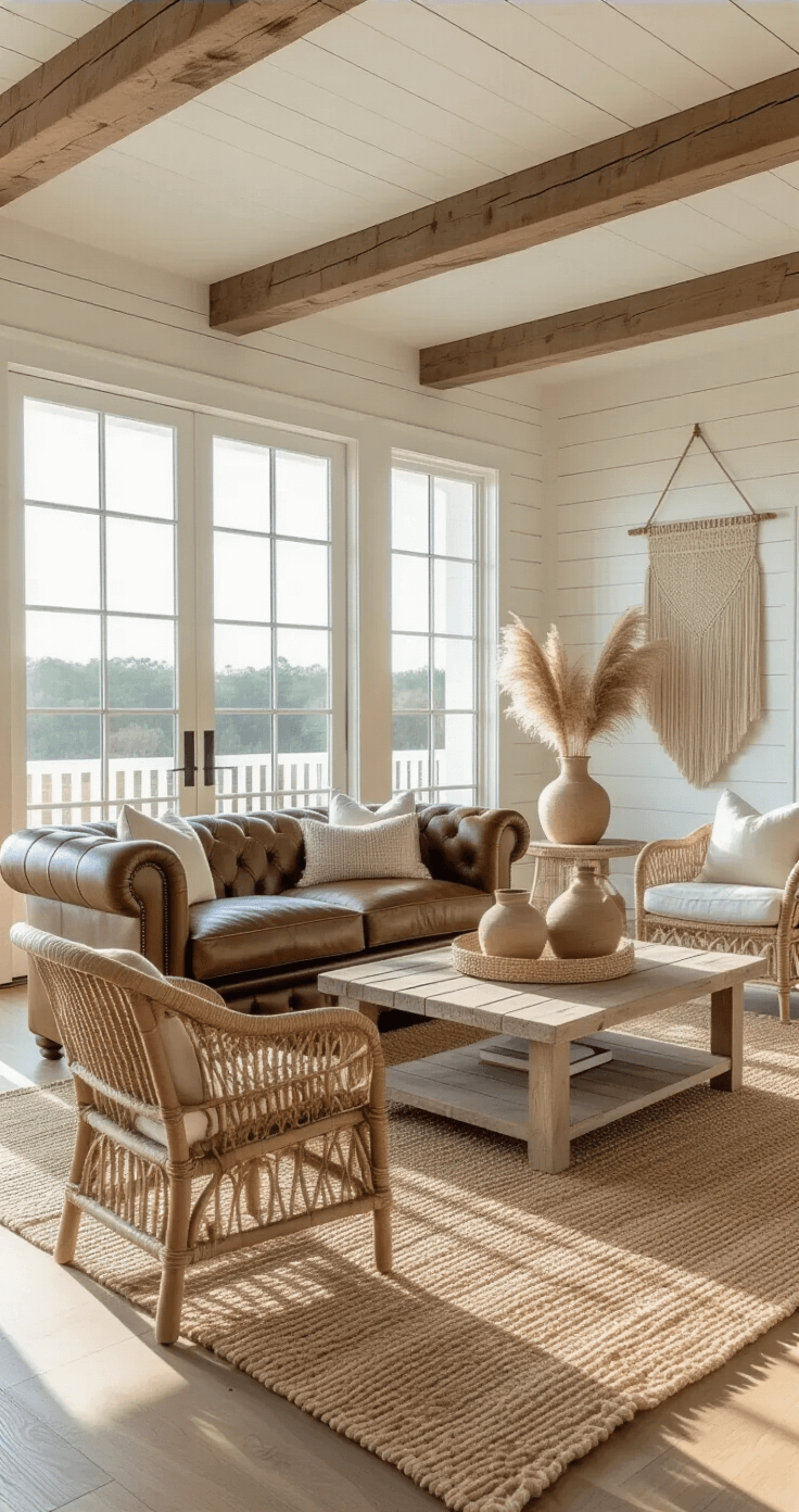 Sun-drenched living room with 12ft ceilings, exposed wooden beams, and floor-to-ceiling windows, featuring a distressed leather Chesterfield sofa, weathered rattan armchairs, layered rugs, and a macramé wall hanging, all bathed in golden hour light.