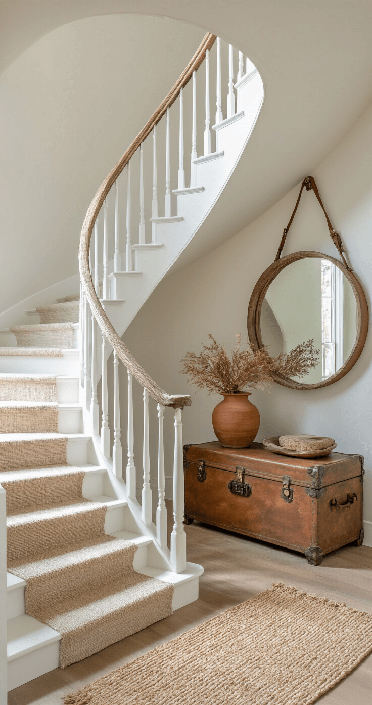An airy entryway featuring a curved staircase with a rope handrail and whitewashed spindles, illuminated by mid-morning light casting dramatic shadows. An oversized round mirror with a weathered leather strap reflects the natural light, while a vintage trunk serves as a console table adorned with driftwood and brass objects. A braided jute runner leads to the stairs, and a terracotta pot with dried botanicals adds an earthy touch. The low camera angle highlights the height and architectural details in a bright atmosphere with western accents.