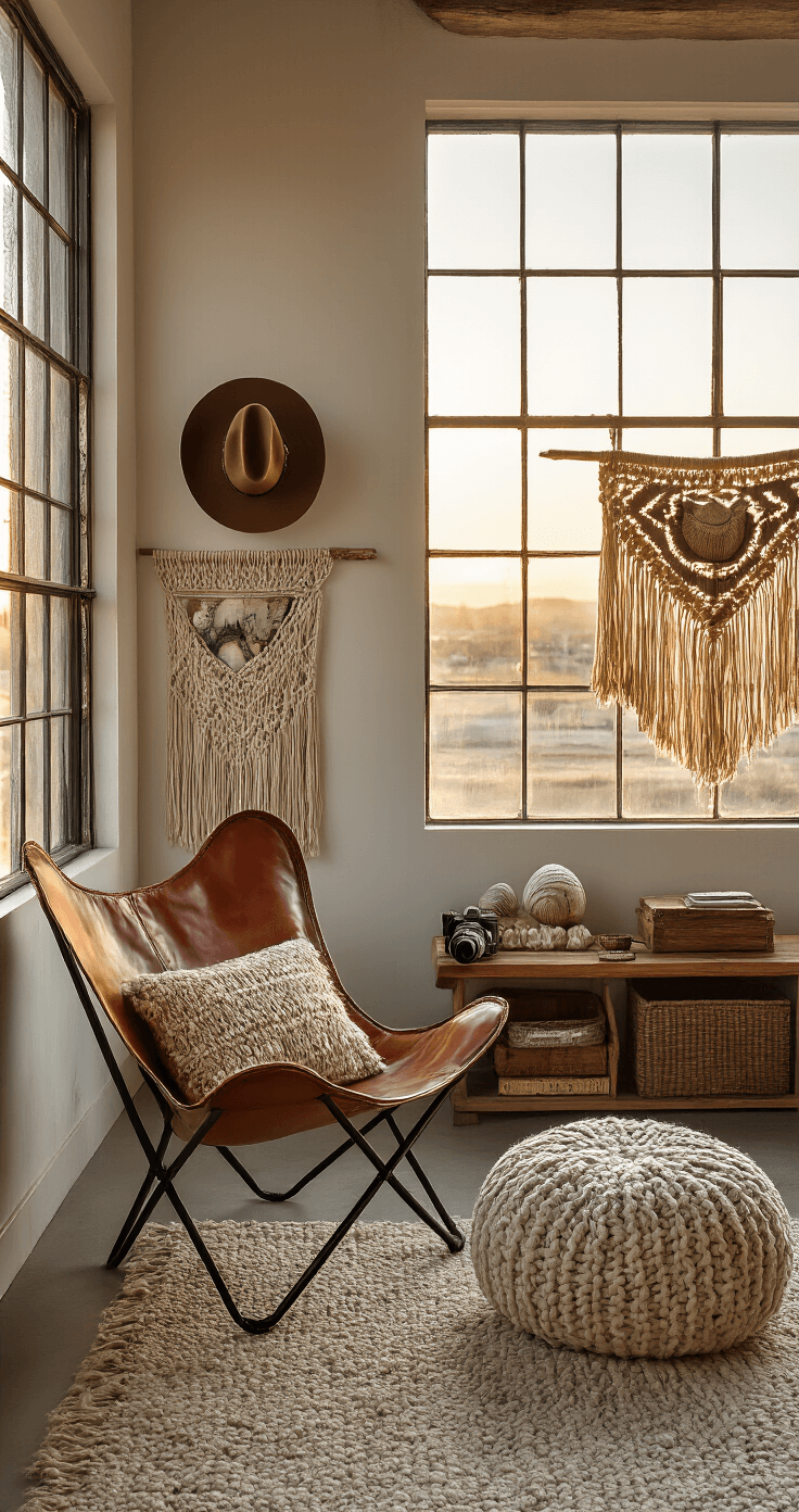 A cozy studio apartment living area featuring industrial windows, golden hour lighting, a vintage room screen with mounted cowboy hats, a leather butterfly chair, a chunky knit pouf, floating shelves with shells and western artifacts, and a layered textile wall hanging, all captured at standing height with an intimate atmosphere.