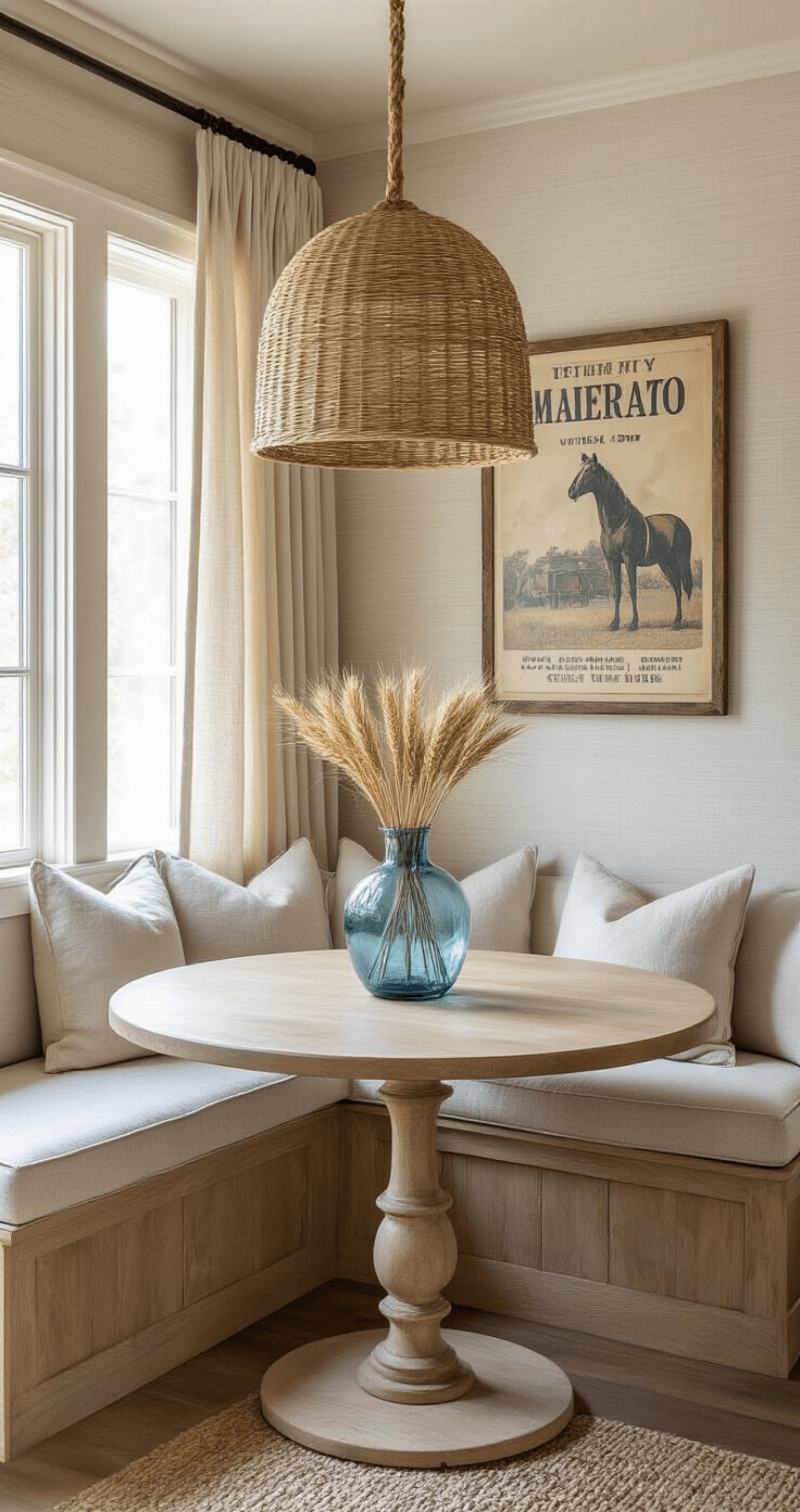 A cozy kitchen nook featuring a built-in banquette in natural linen, a round pedestal table in bleached oak adorned with a blue-tinted glass vase and dried wheat, and a rattan pendant light. Soft afternoon light filters through cafe curtains, highlighting a vintage rodeo poster in a weathered frame against textured grasscloth wallpaper in 'Sea Salt', captured at a quarter angle to emphasize the inviting atmosphere and refined details.