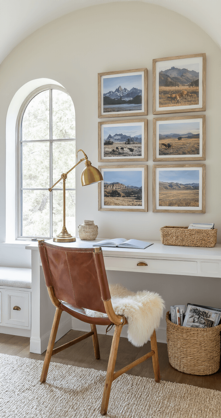 A cozy home office alcove featuring an arched window, a whitewashed desk with a leather sling chair, and a gallery wall of coastal photographs and western landscapes. A brass task lamp illuminates the space, while a woven leather basket holds rolled magazines and a sheepskin drapes over the chair.