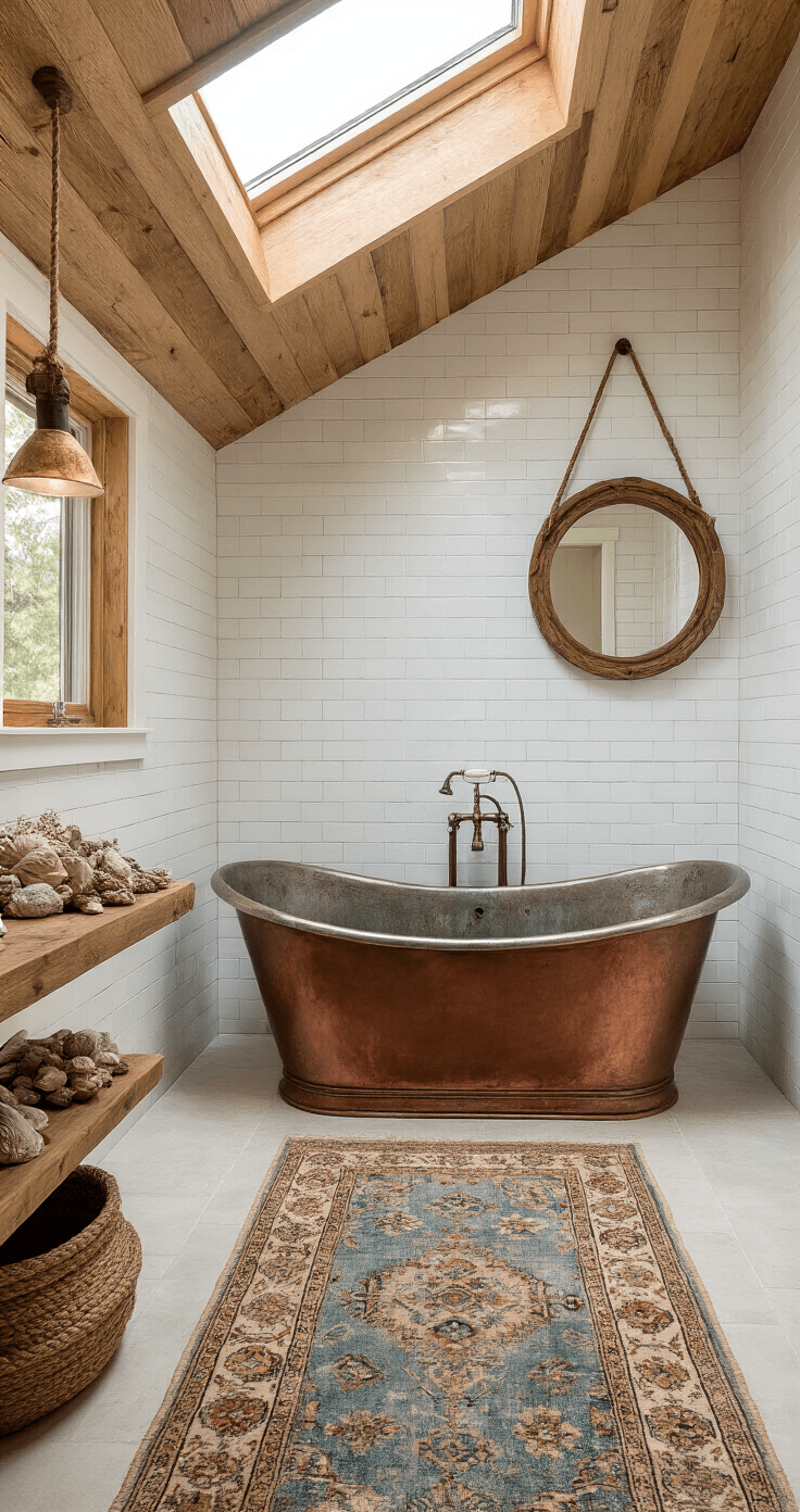 A serene bathroom sanctuary featuring a freestanding copper tub with an aged patina, surrounded by white subway tiles. Early morning light filters through a skylight, creating an ethereal glow. A vintage Persian runner in faded blues and tans adds warmth, while a rope-wrapped mirror with a leather strap detail enhances the rustic charm. Collected shells and dried sage bundles are displayed on a floating wood shelf, all captured from a low angle to emphasize the tub as the focal point in a spa-like atmosphere.