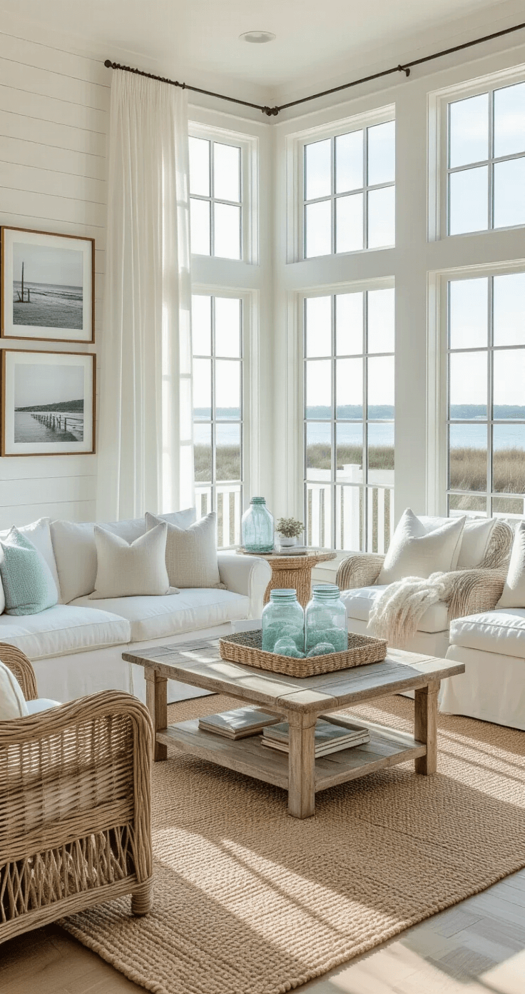 Coastal Cottage Decor: Transform Your Space into a Seaside Sanctuary Sun-drenched coastal living room featuring a slipcovered sofa and wicker armchairs, bathed in late morning light through sheer curtains, with beach-inspired decor, jute rug, and ethereal atmosphere.