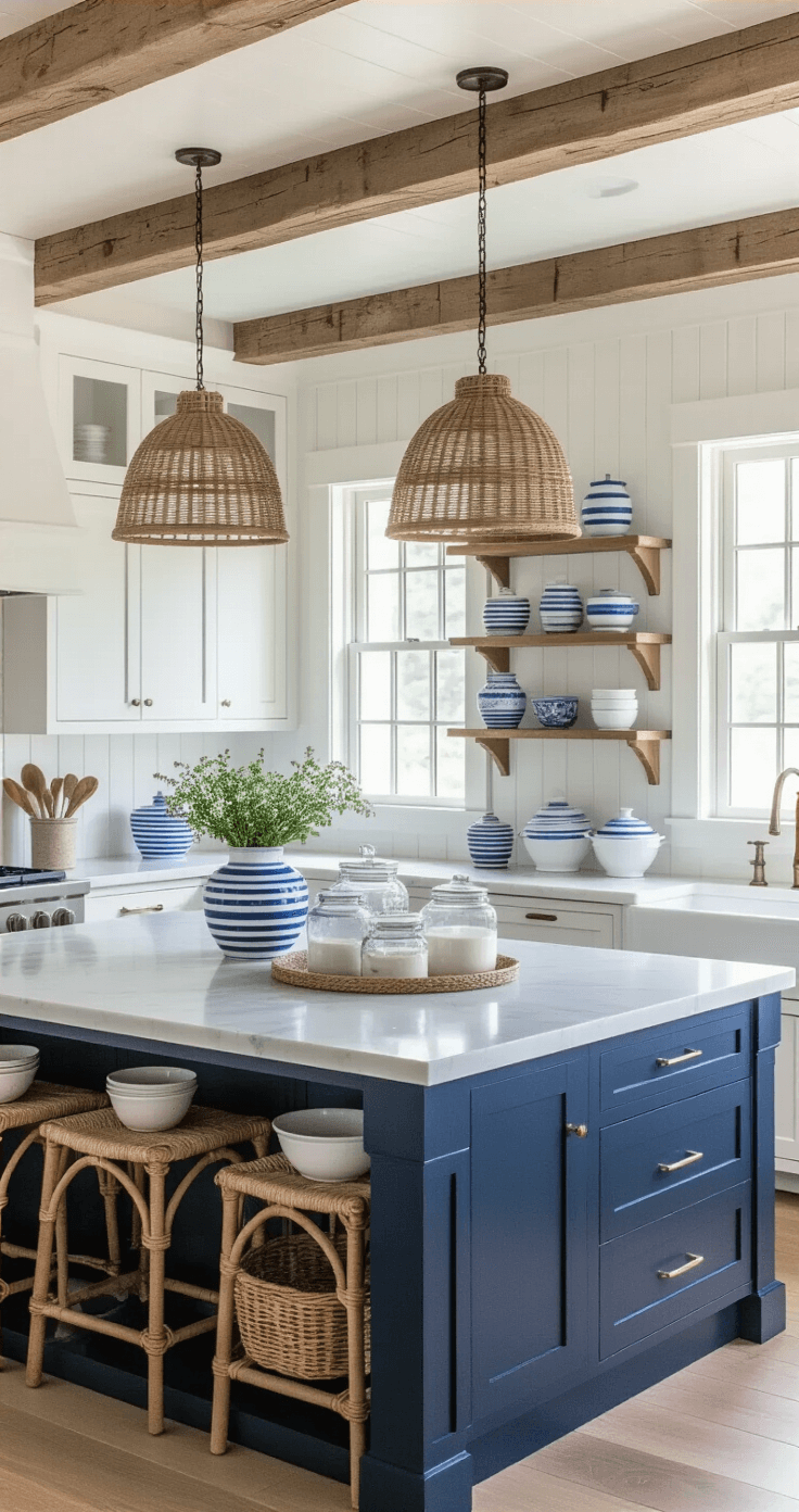 Coastal Cottage Decor: Transform Your Space into a Seaside Sanctuary A coastal cottage kitchen featuring white shaker cabinets, honed marble countertops, and a navy blue island with vintage canisters and bowls, illuminated by natural light. Open shelving displays blue-and-white striped pottery and sea glass, with woven pendant lights casting shadows from a 45-degree angle.