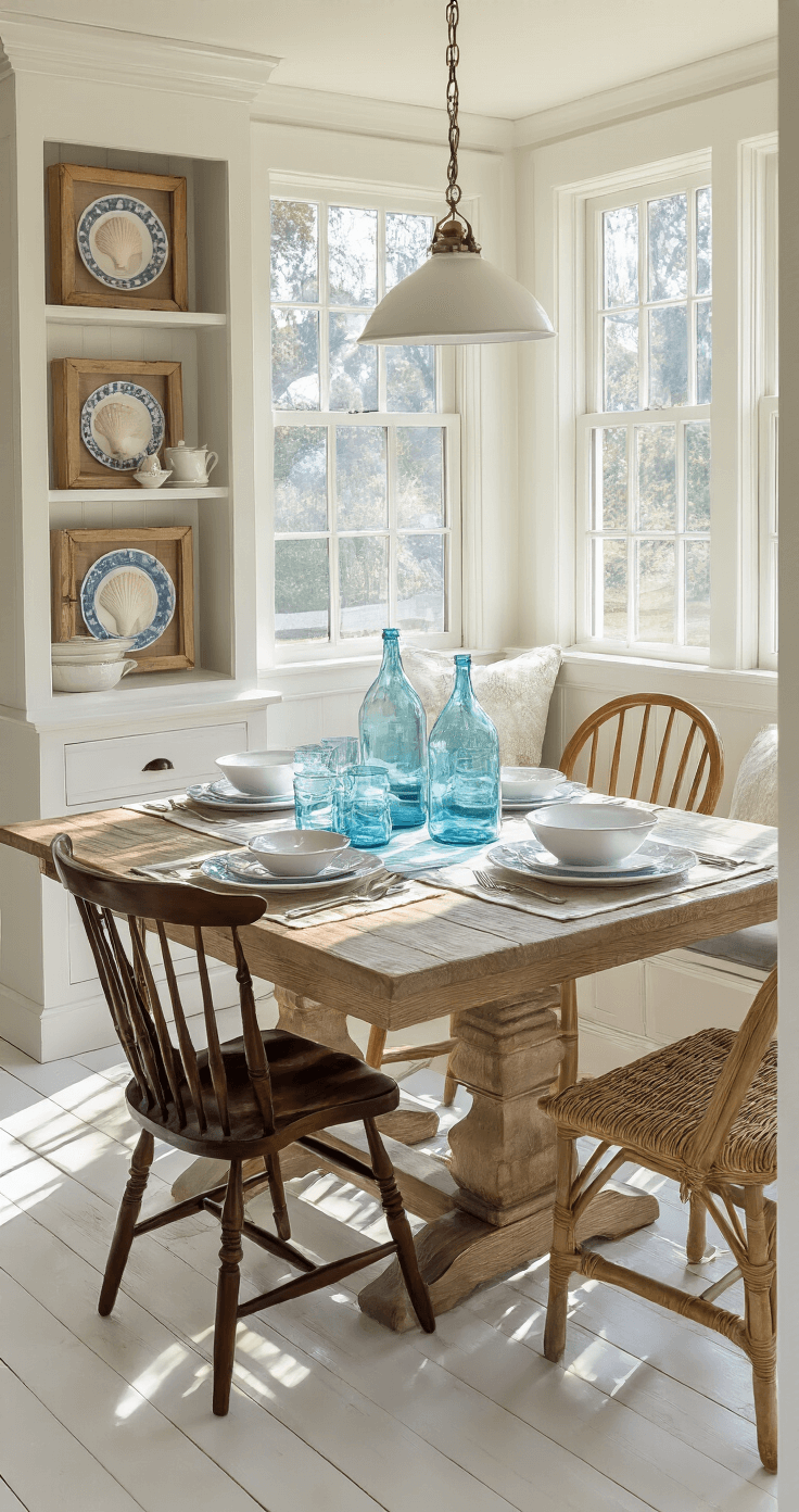 Coastal Cottage Decor: Transform Your Space into a Seaside Sanctuary Coastal cottage dining room with a rustic farm table set with blue glass bottles and white plates, surrounded by mixed seating. Late afternoon light casts shadows on whitewashed oak floors, highlighting a built-in china cabinet and vintage shadowboxes displaying shell collections.