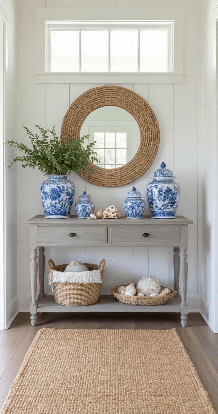 Coastal Cottage Decor: Transform Your Space into a Seaside Sanctuary A bright coastal entry foyer featuring board and batten white walls, a Dutch door with a transom window, a distressed driftwood grey console table adorned with blue and white ginger jars and shells, an oversized round rope mirror, and a sisal runner leading through the space.